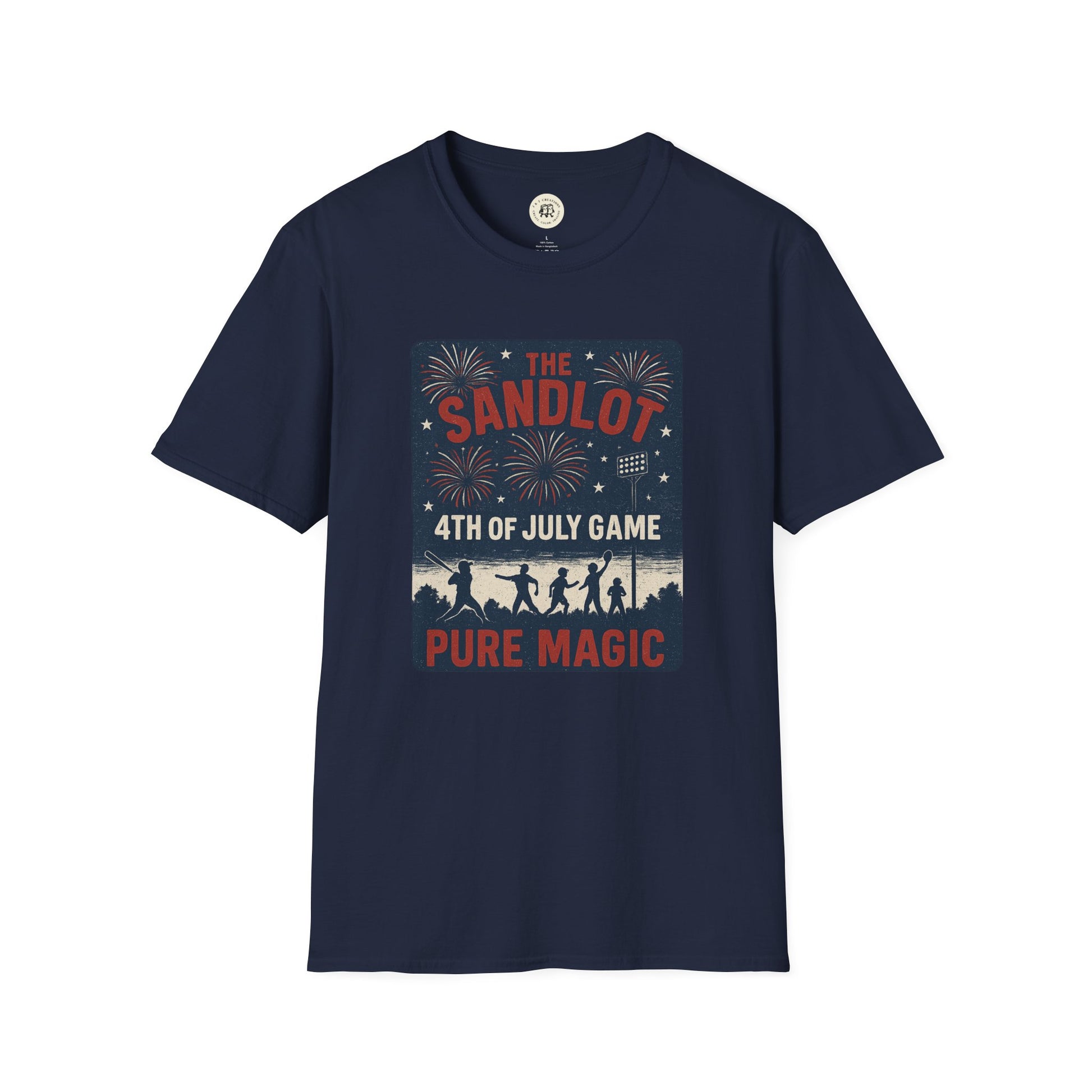 Printify navy T-shirt featuring The Sandlot patriotic shirt 4th of July game design with fireworks