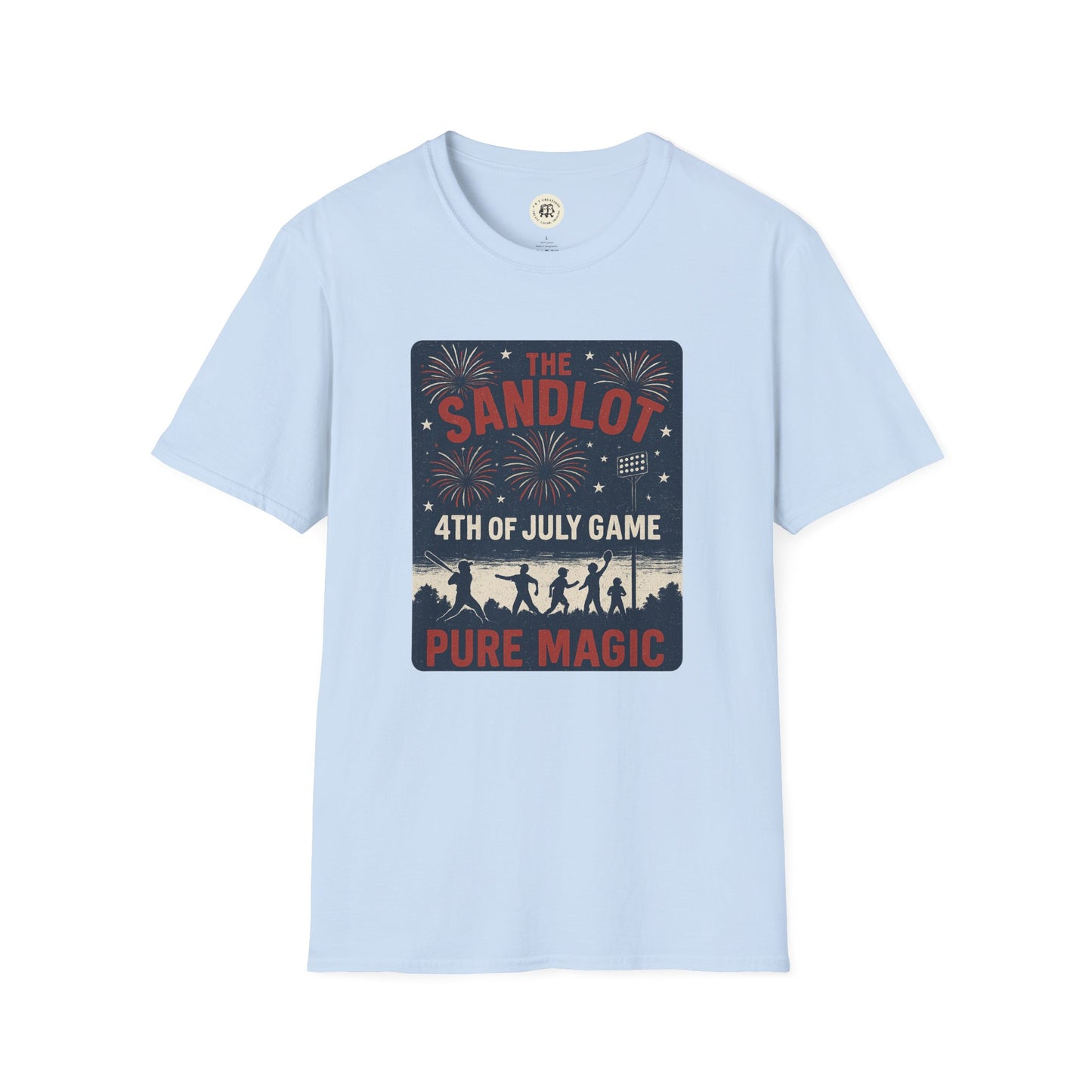 Light blue Printify T-shirt featuring The Sandlot patriotic shirt design with 4th of July fireworks and silhouettes