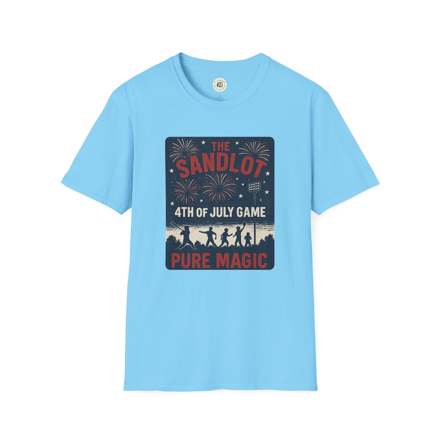 Light blue Printify t-shirt featuring The Sandlot patriotic shirt design with fireworks and 4th of July theme