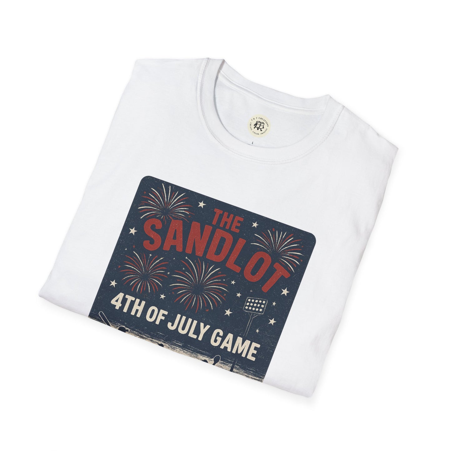 White Printify T-shirt featuring The Sandlot patriotic shirt design with 4th of July fireworks