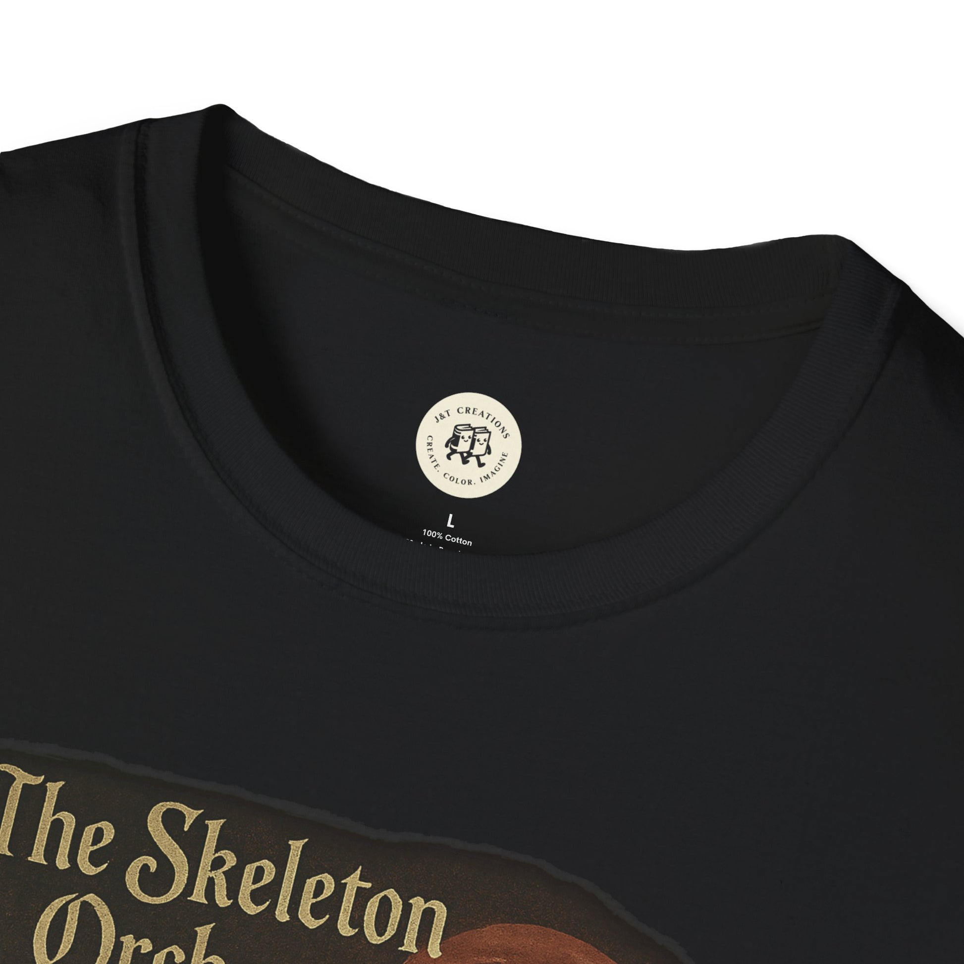 Black Printify t-shirt featuring skeleton orchestra t-shirt design with vintage style text and graphics