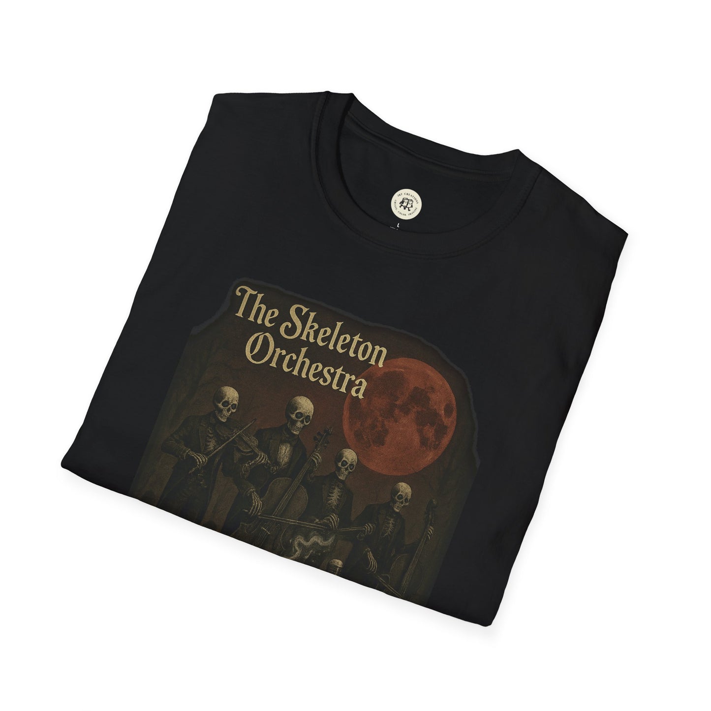 Black Printify skeleton orchestra t-shirt featuring four skeletons playing instruments under a red moon