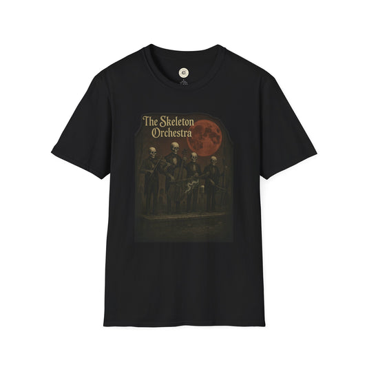Black skeleton orchestra t-shirt featuring vintage skeleton musicians under a red moon