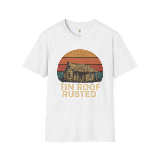 White Printify T-Shirt with tin roof rusted pregnancy announcement shirt vintage house graphic