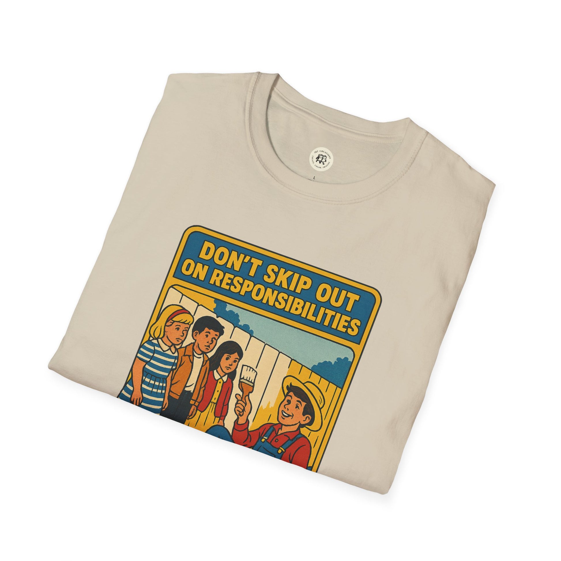 Tom Sawyer vintage t-shirt by Printify featuring classic characters and Dont Skip Out On Responsibilities text