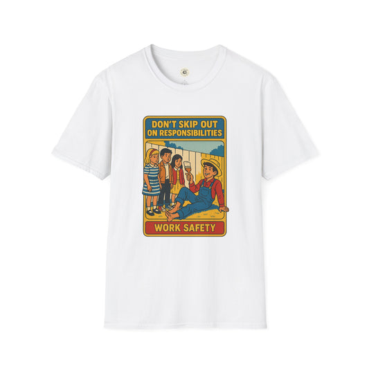 White Tom Sawyer vintage t-shirt with cartoon graphic promoting work safety and responsibility