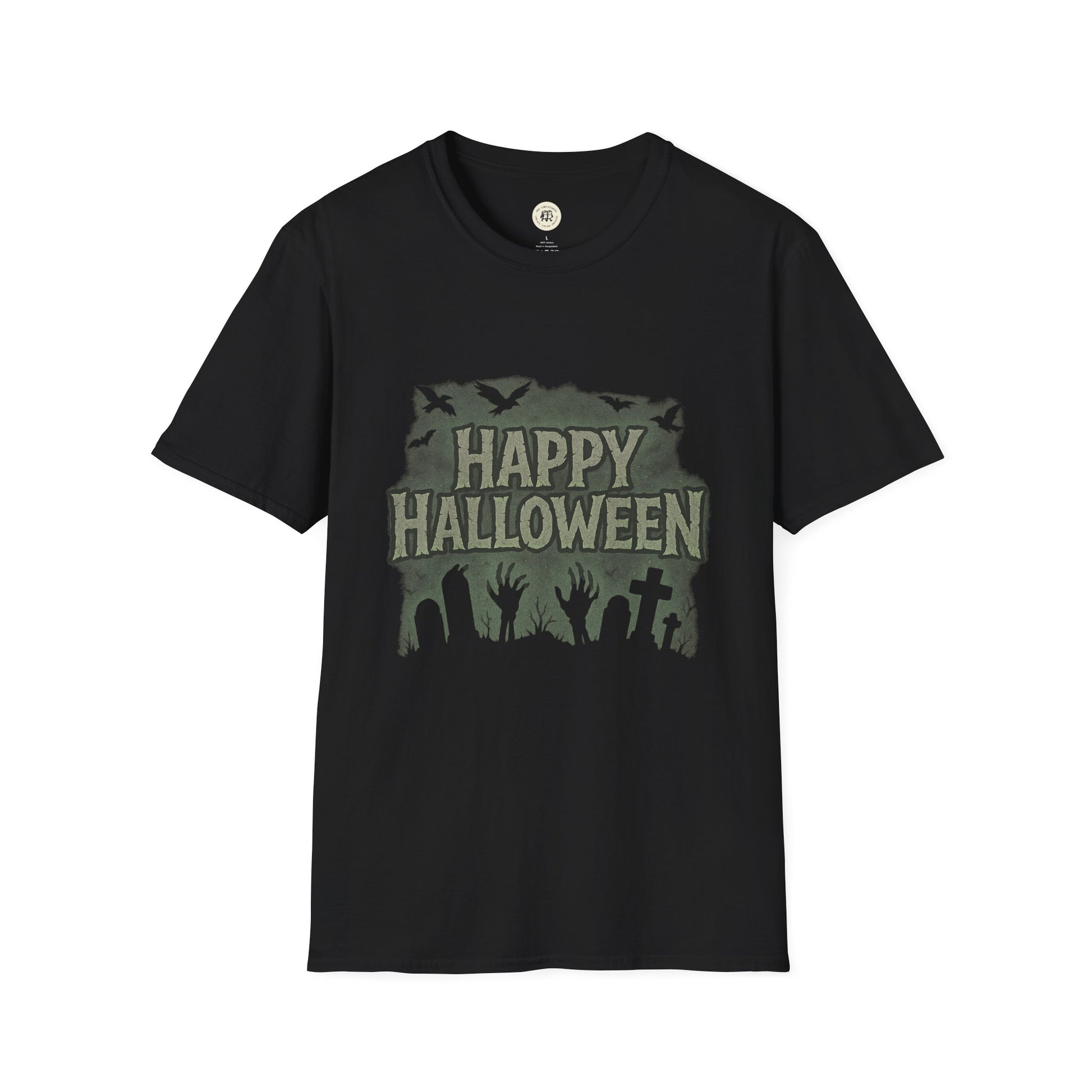 Black Printify Halloween unisex t-shirt with Happy Halloween text and spooky graveyard design