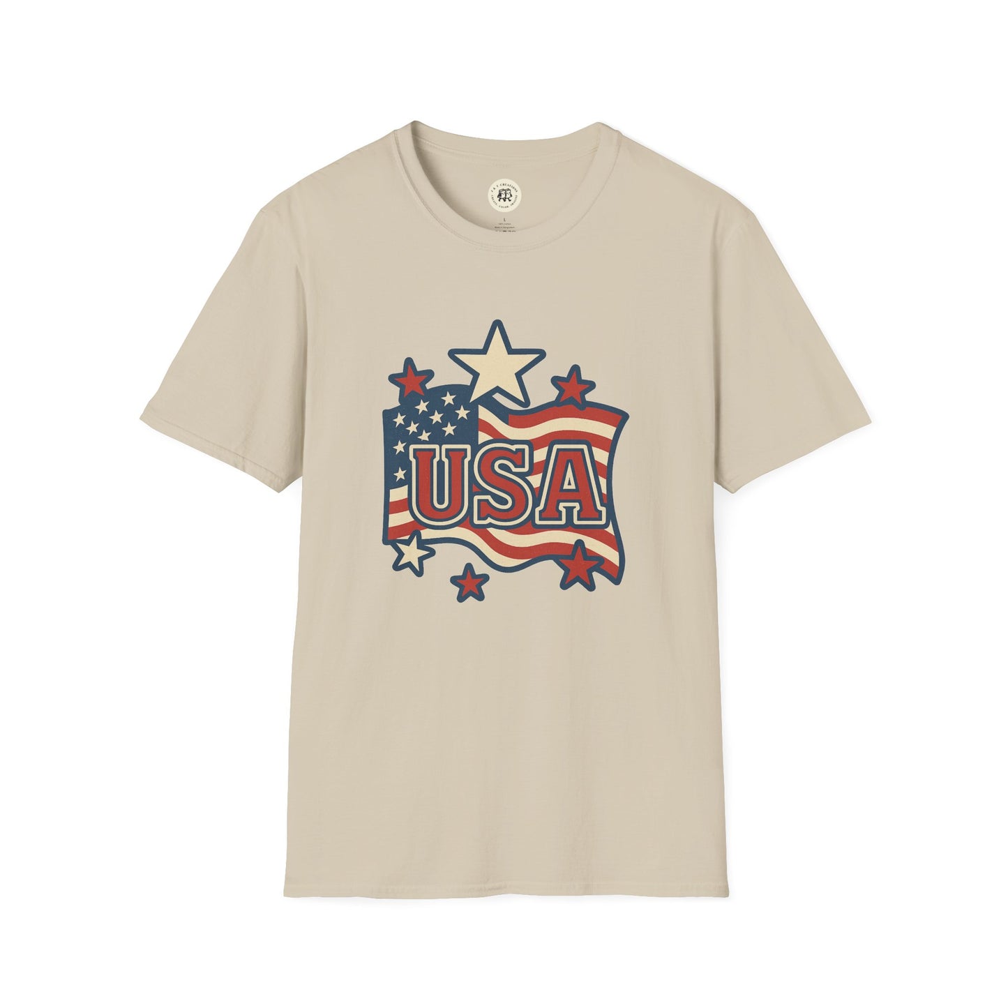 Beige Printify USA flag t-shirt with patriotic stars and USA lettering graphic