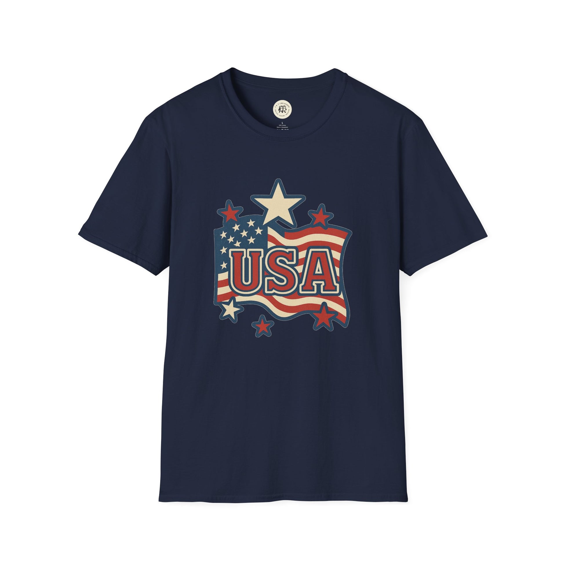 Navy blue USA flag t-shirt with vintage American flag and star design by Printify