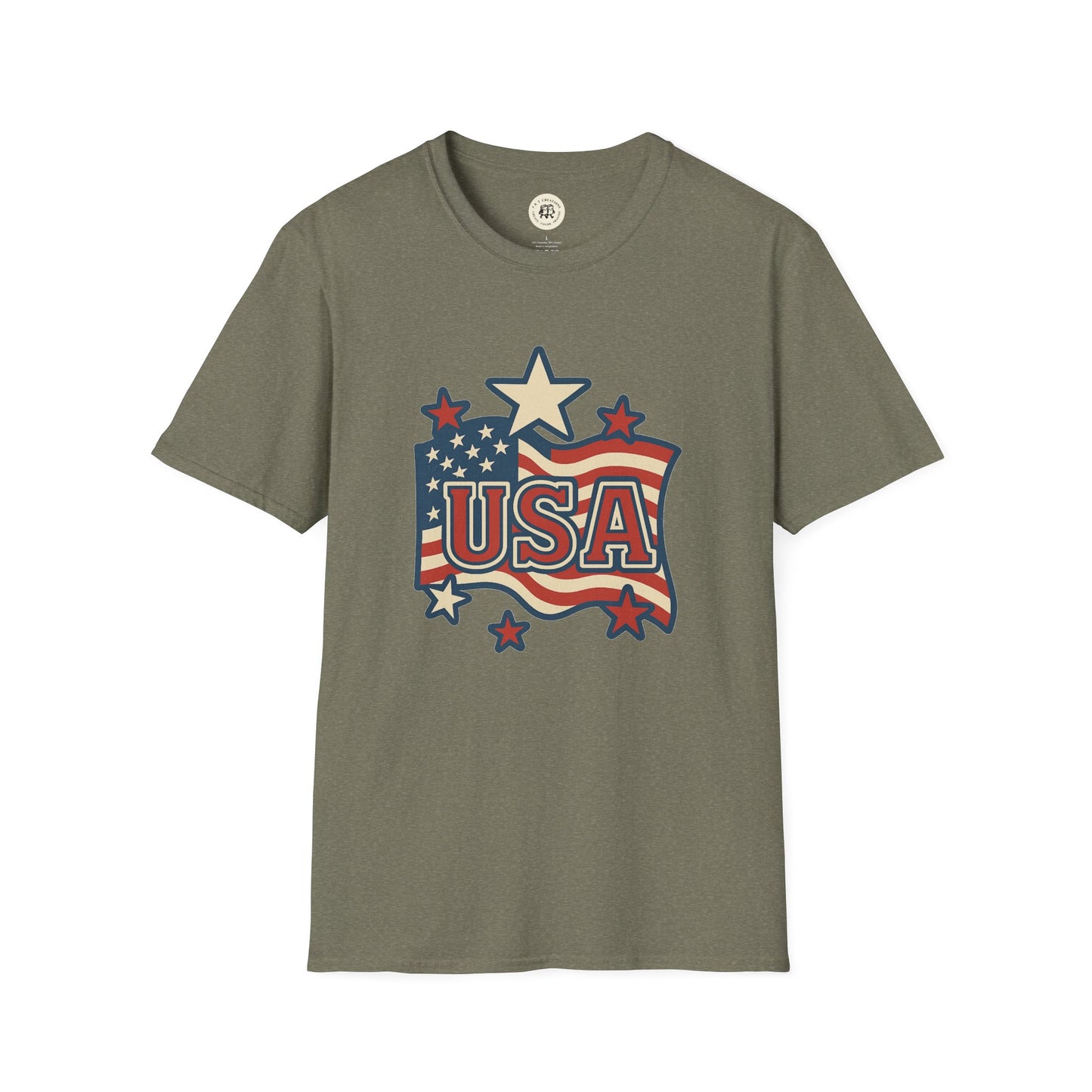 Printify USA flag t-shirt with patriotic stars and striped flag design on olive green fabric