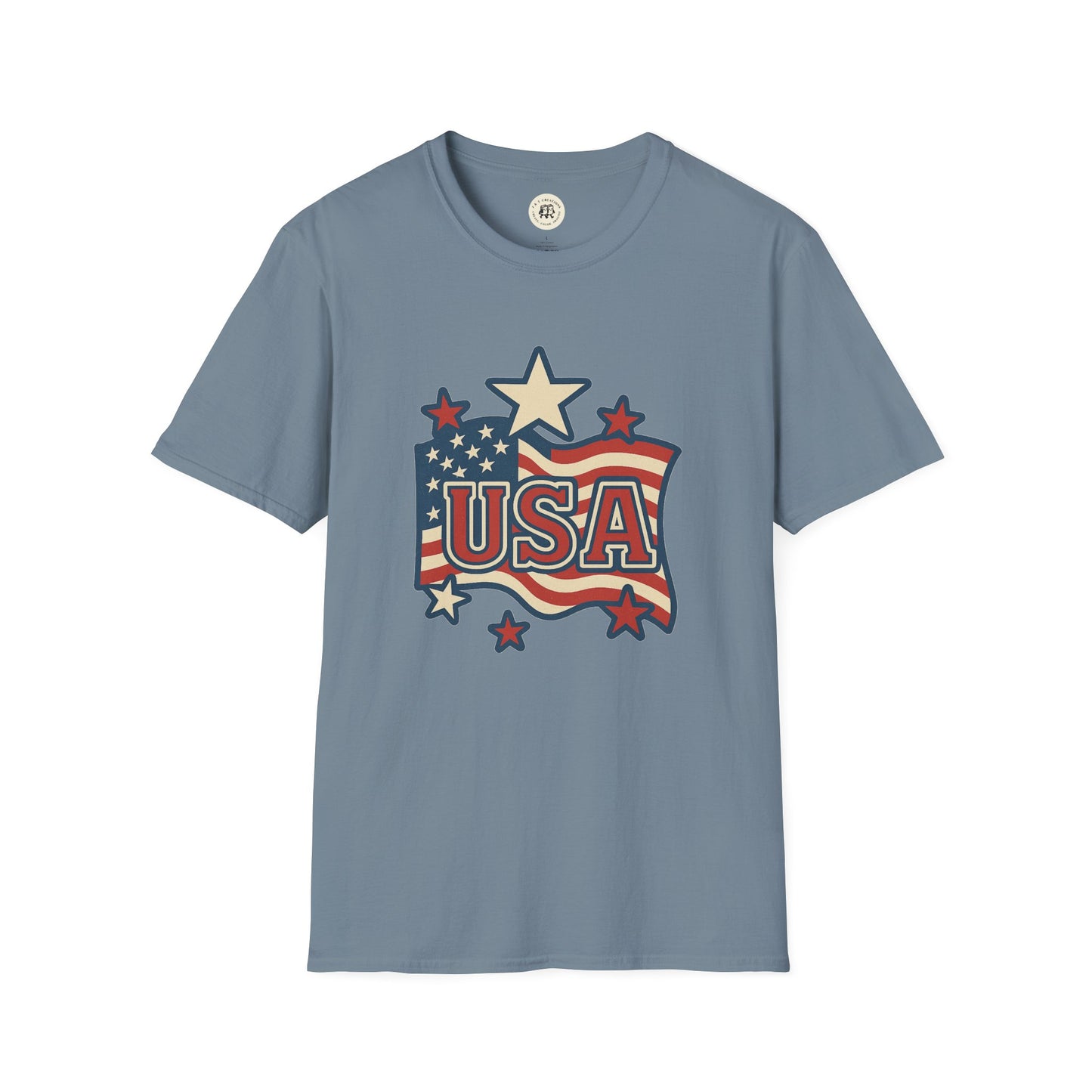 Blue Printify USA flag t-shirt with vintage stars and stripes design on front
