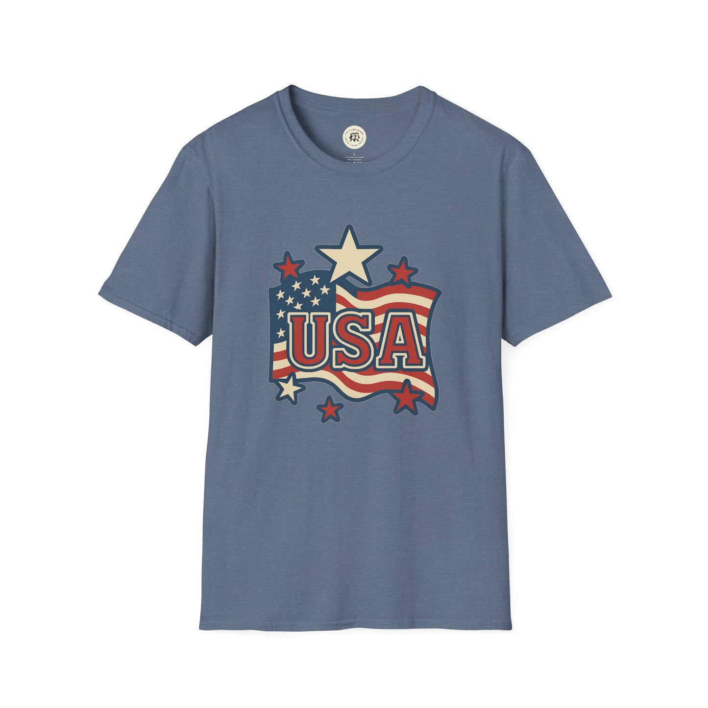 Printify USA flag t-shirt with vintage style stars and stripes design on blue fabric