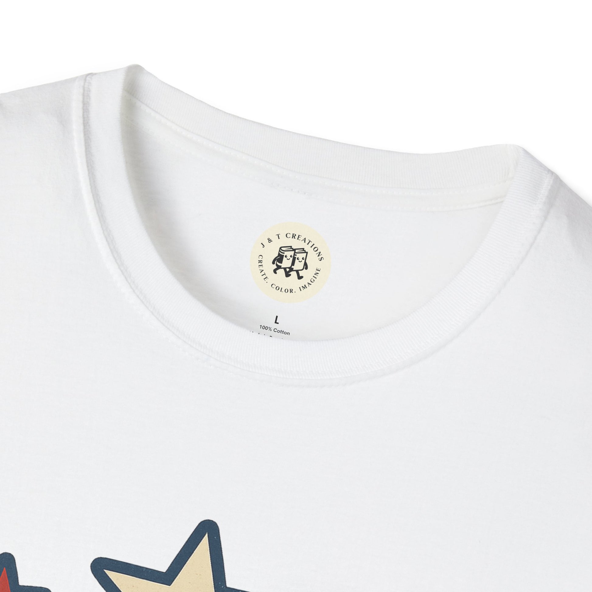 Printify white USA flag t-shirt close-up with star graphic and round neckline