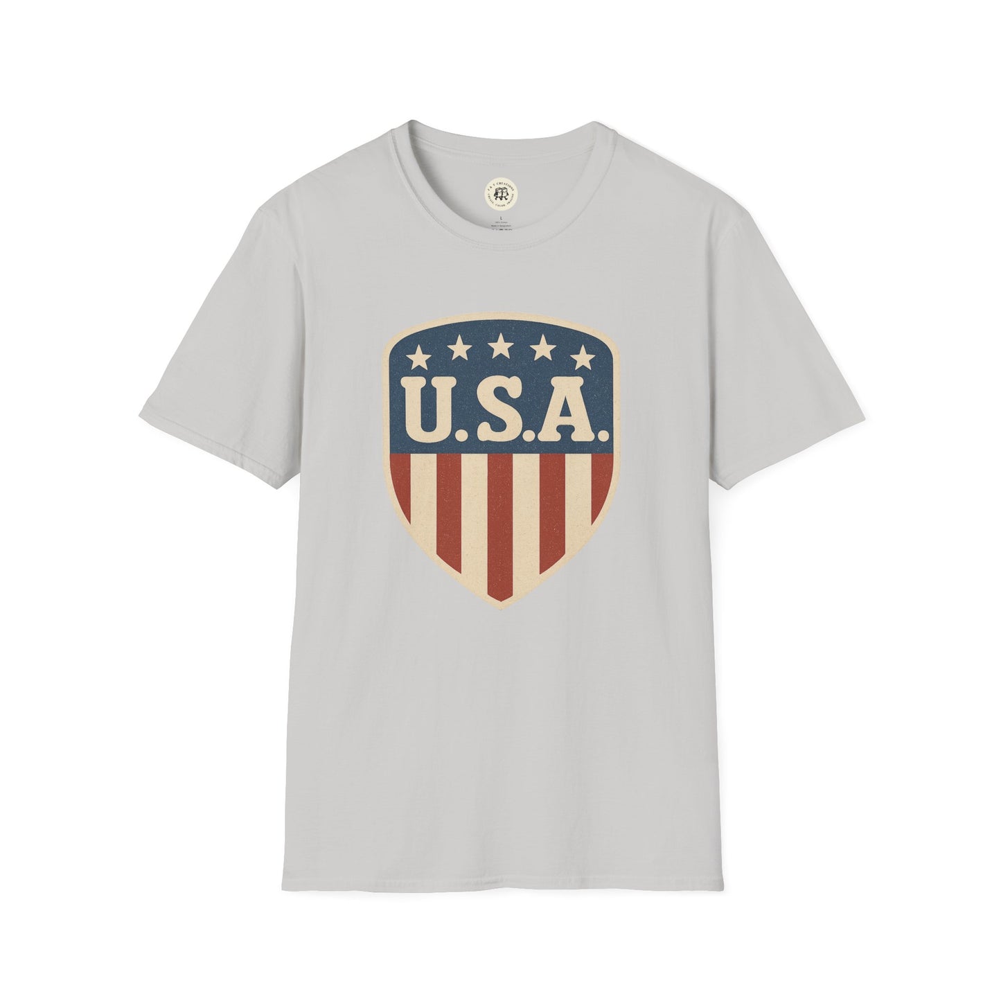 Printify gray USA shield t-shirt with vintage red white and blue patriotic design