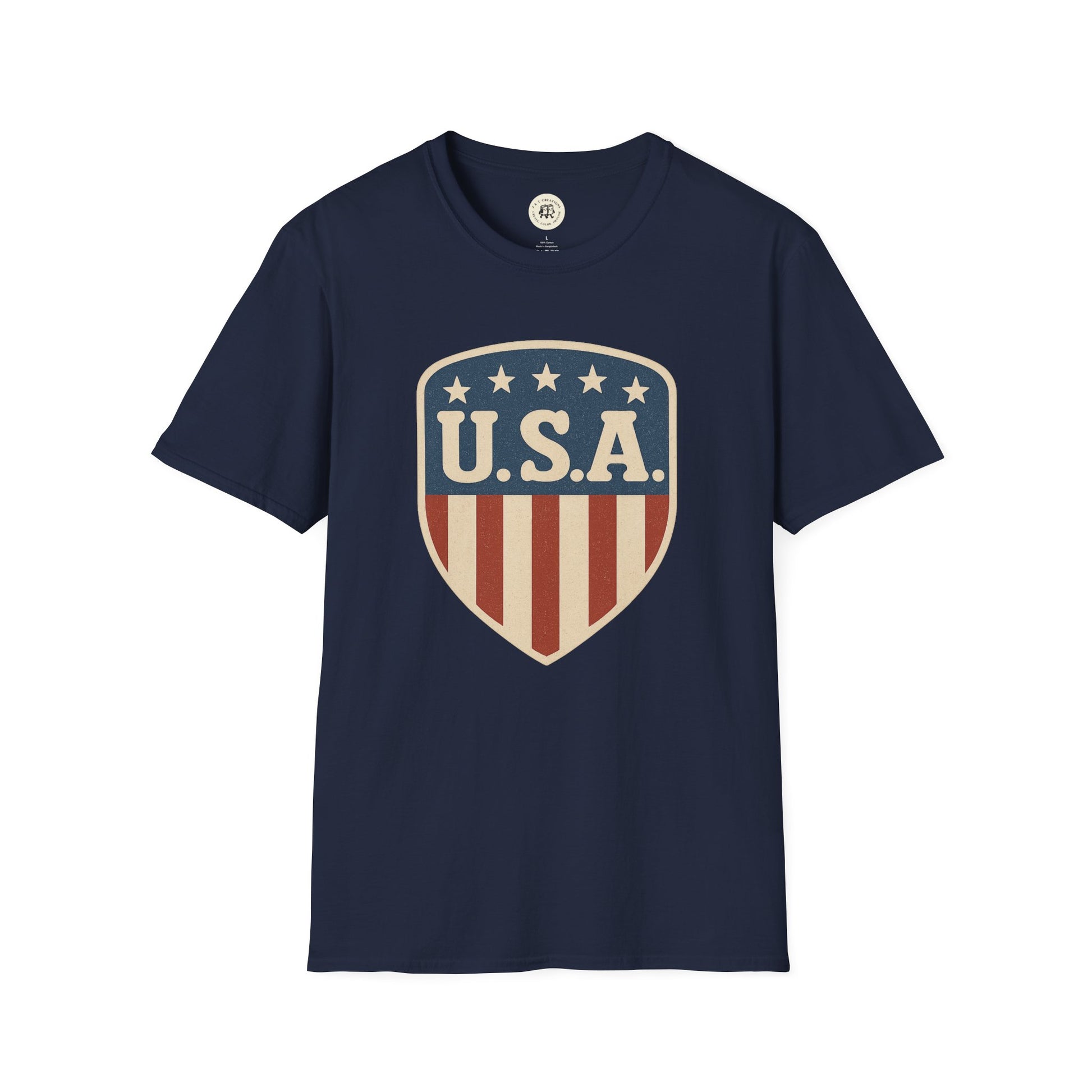 Navy blue USA shield t-shirt with vintage shield design featuring stars and stripes