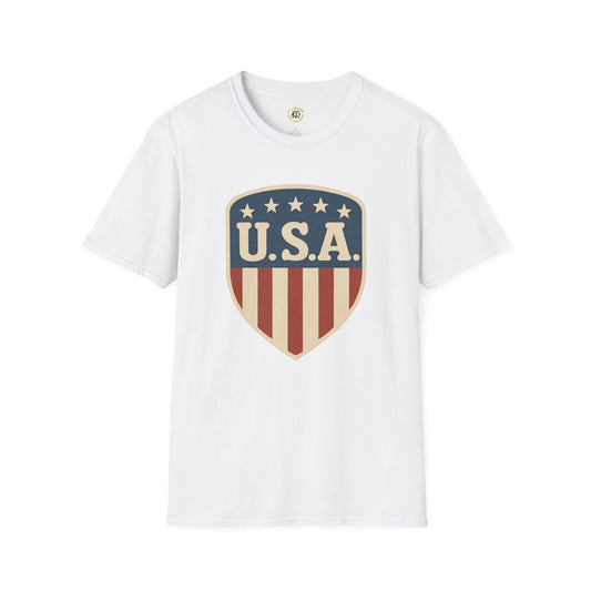 White Printify T-shirt with vintage USA shield t-shirt design in red, white, and blue colors