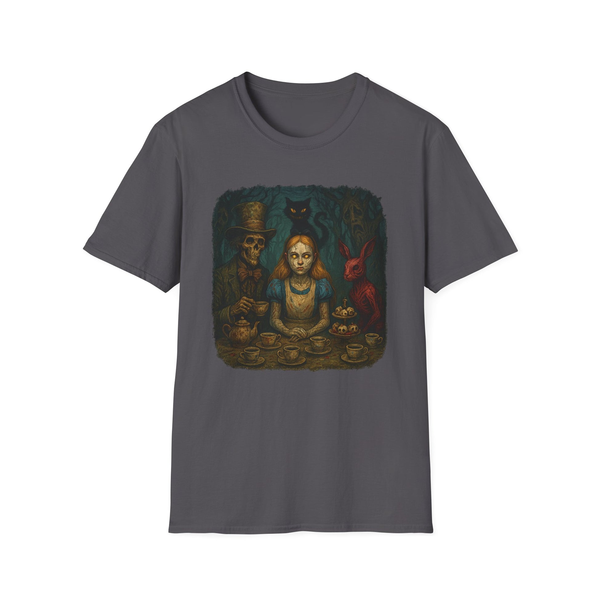 Printify creepy Alice in Wonderland t-shirt with dark, eerie tea party graphic on gray fabric