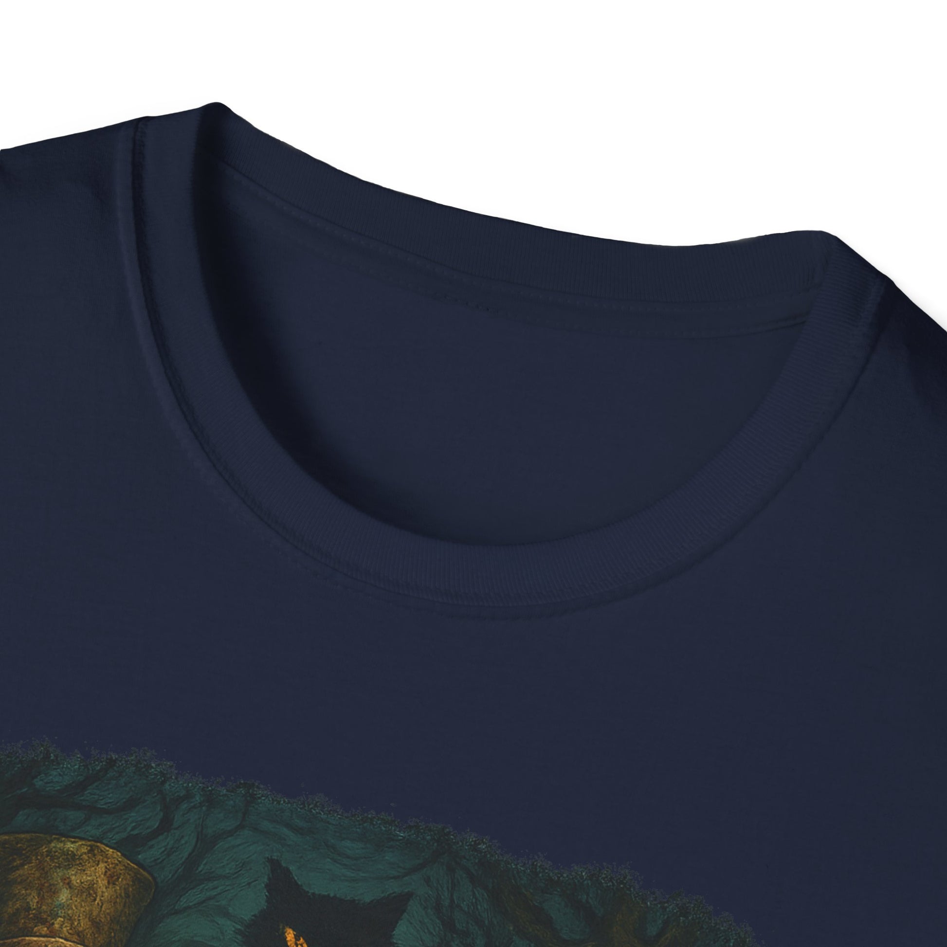 Close-up of navy blue creepy Alice in Wonderland t-shirt neckline and printed design by Printify