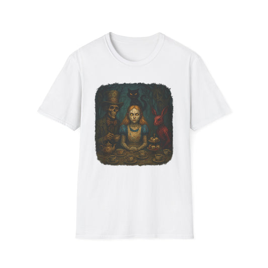 White Printify t-shirt featuring a creepy Alice in Wonderland t-shirt design with eerie characters at a tea party