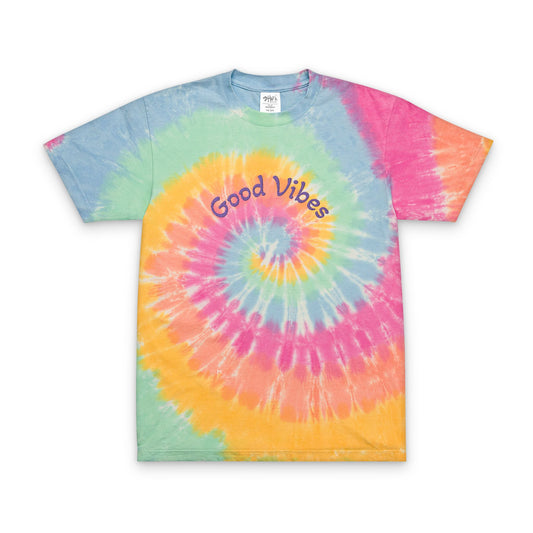 Printify embroidered tie-dye t-shirt with colorful spiral design and Good Vibes text