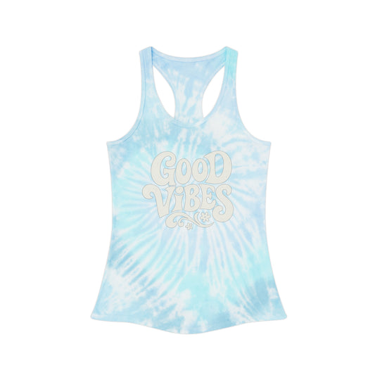 Light blue and white good vibes tie dye tank top with racerback style from Printify