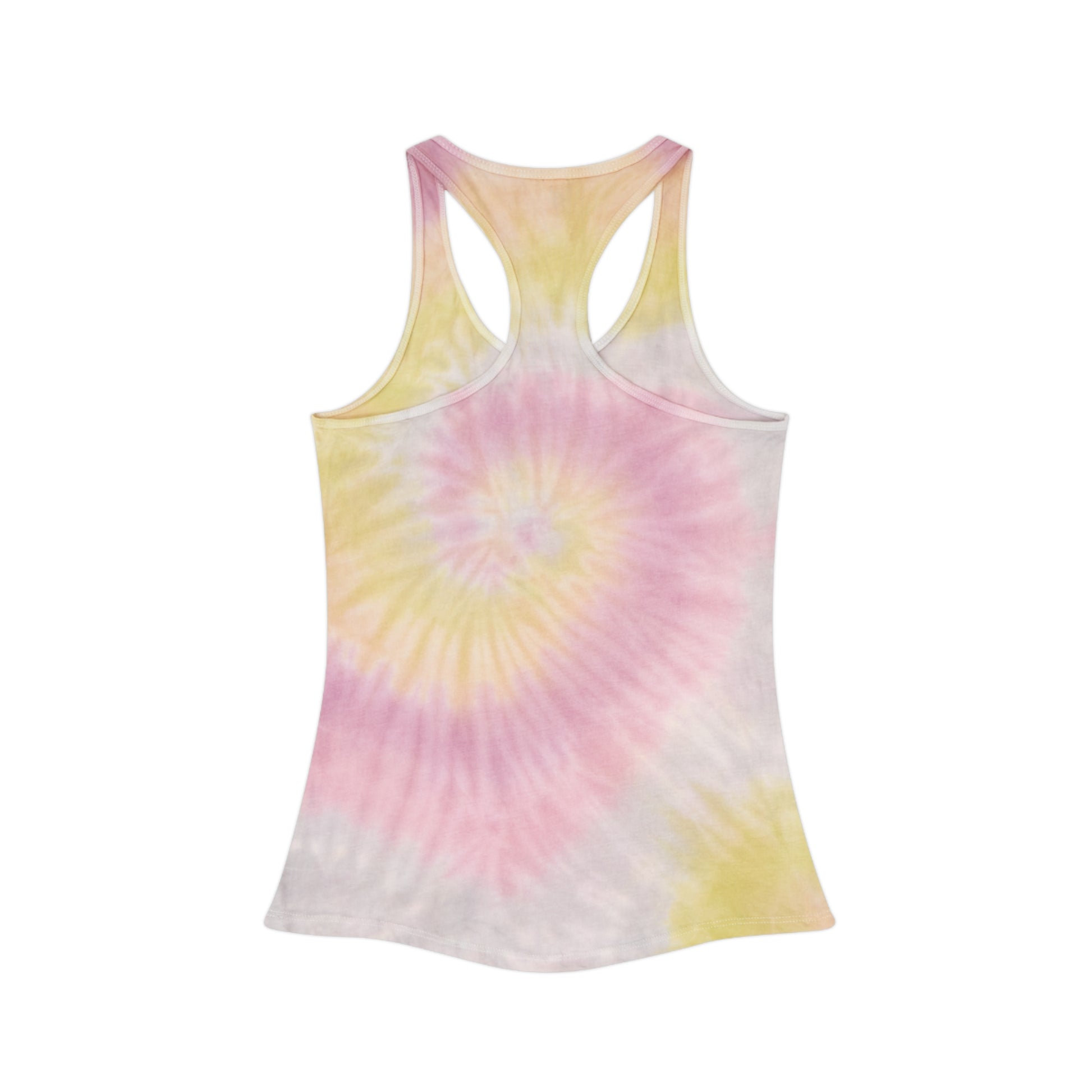 Printify good vibes tie dye tank top with pink yellow and white spiral design racerback style