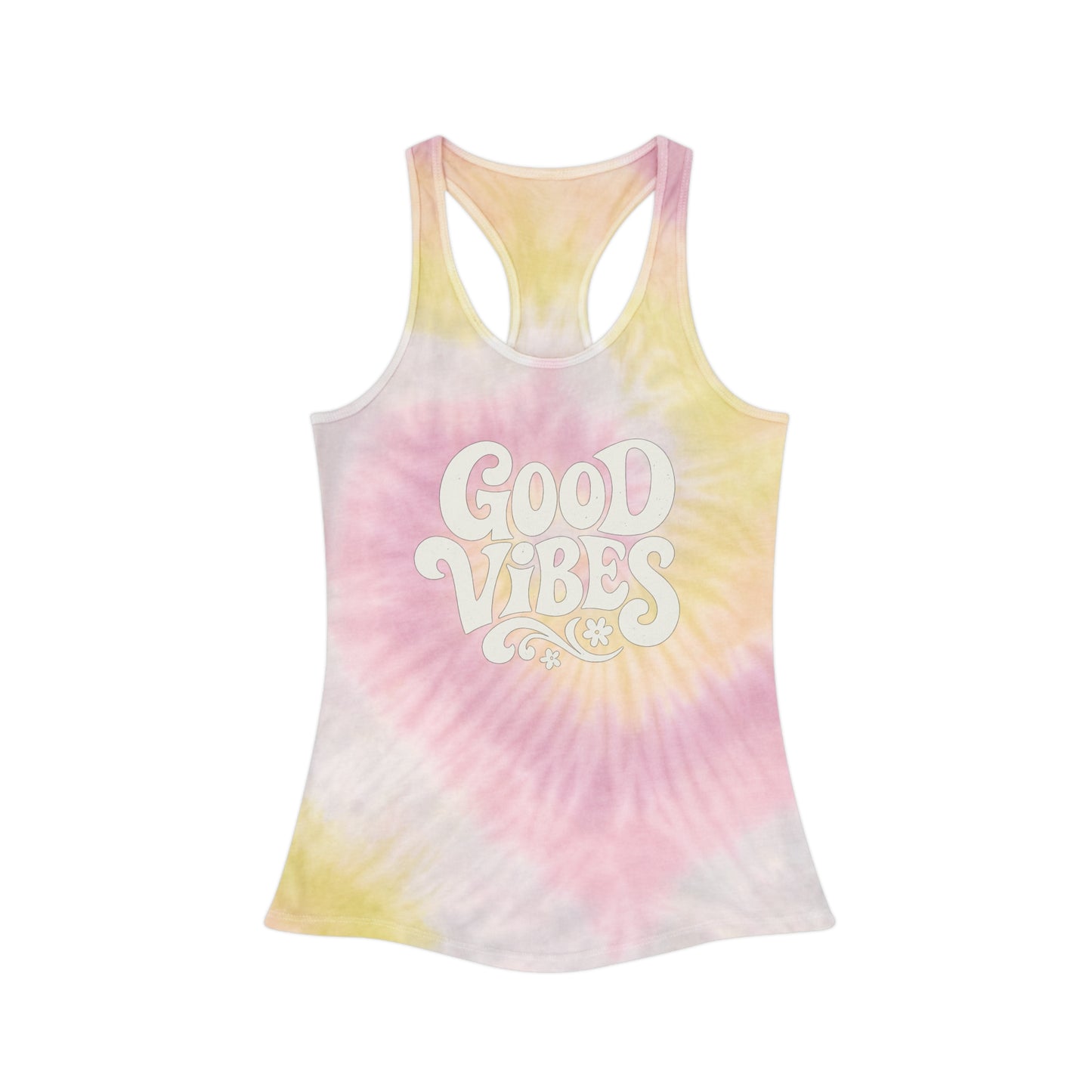 Good vibes tie dye tank top by Printify with pink yellow and white swirl design and vintage text print