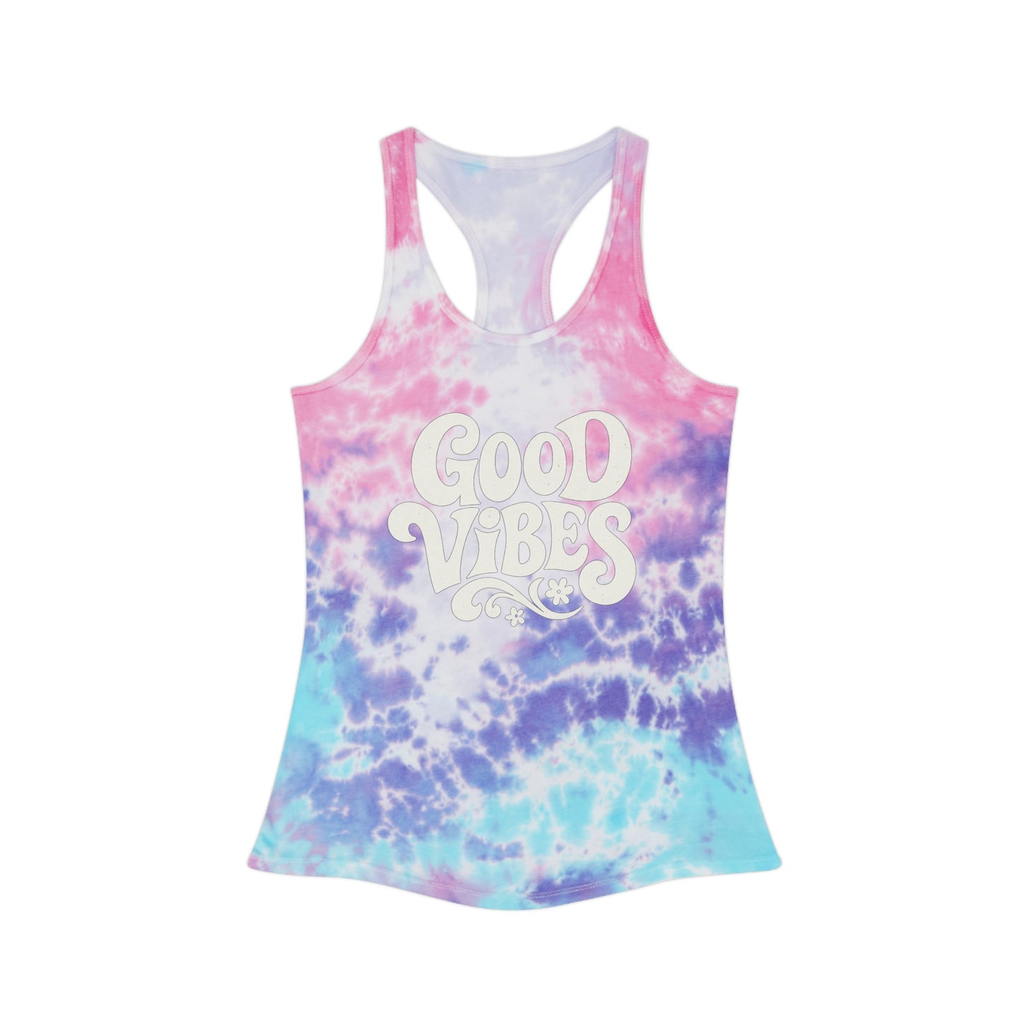 Printify good vibes tie dye tank top with pink purple and blue colors and vintage style lettering