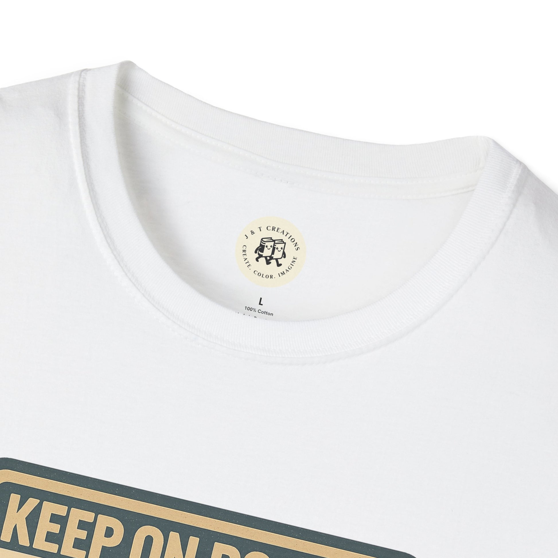 Close-up of Printify Keep on Rockin in the Free World t-shirt collar and upper chest print on white fabric