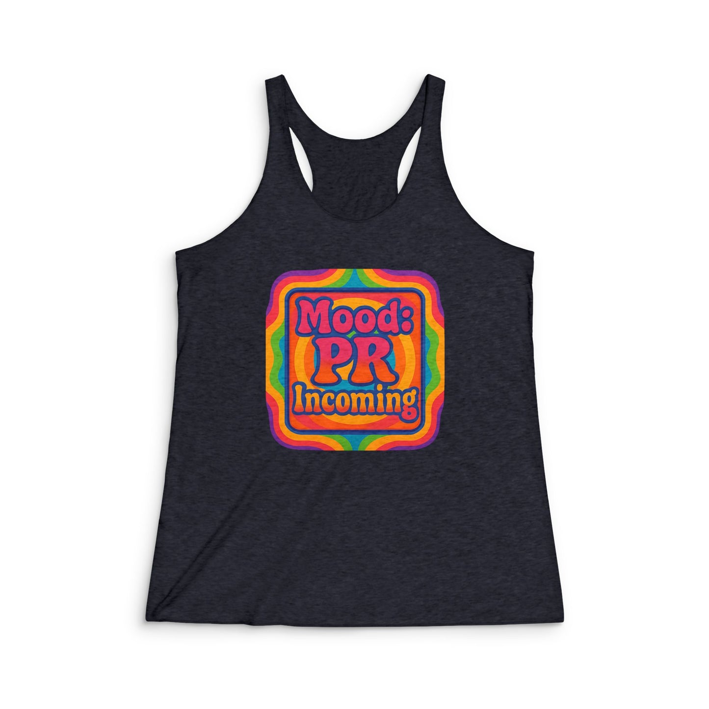 Printify black tank top with colorful mood inspiration fitness shirt design on front