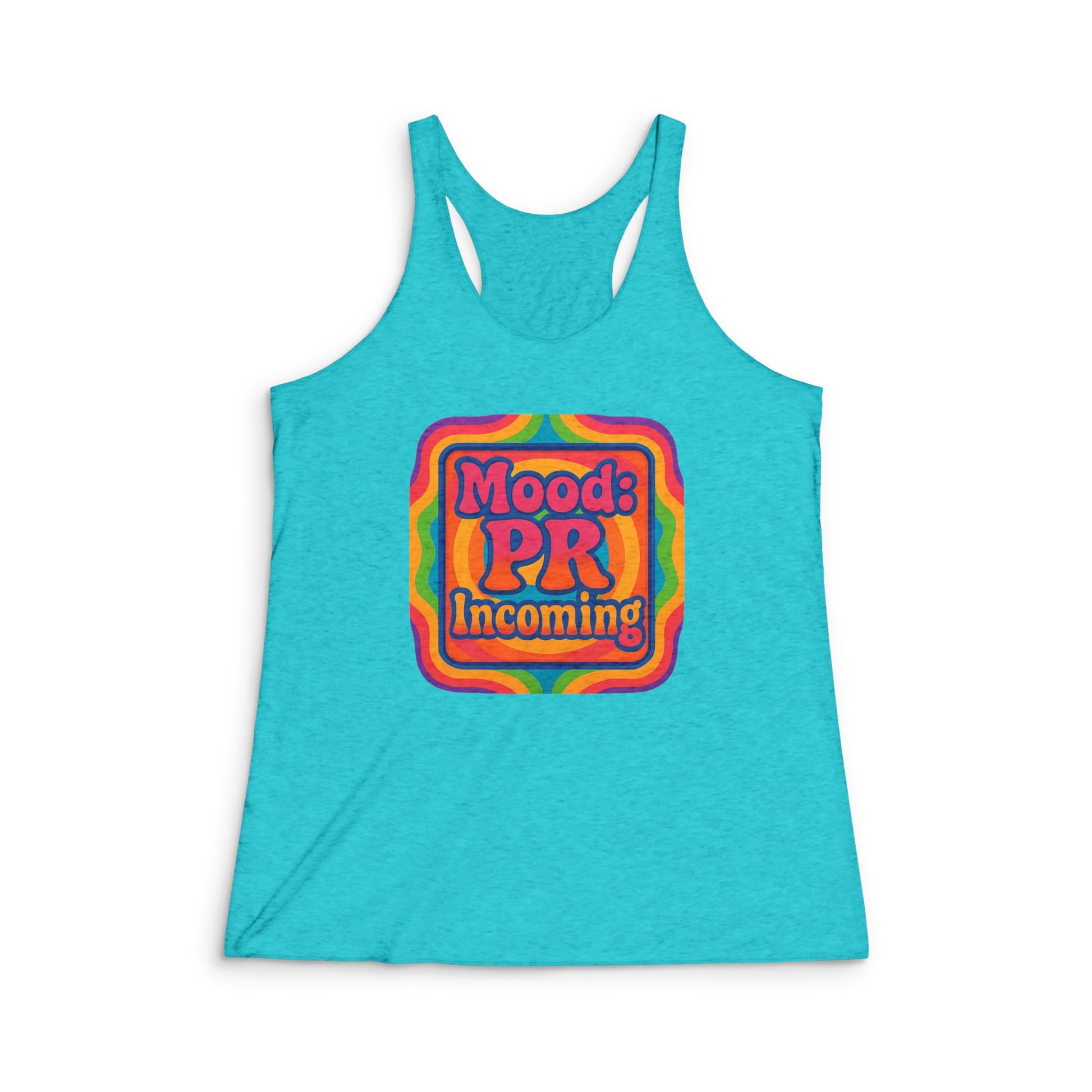 Turquoise tank top with colorful Mood PR Incoming graphic design mood inspiration fitness shirt