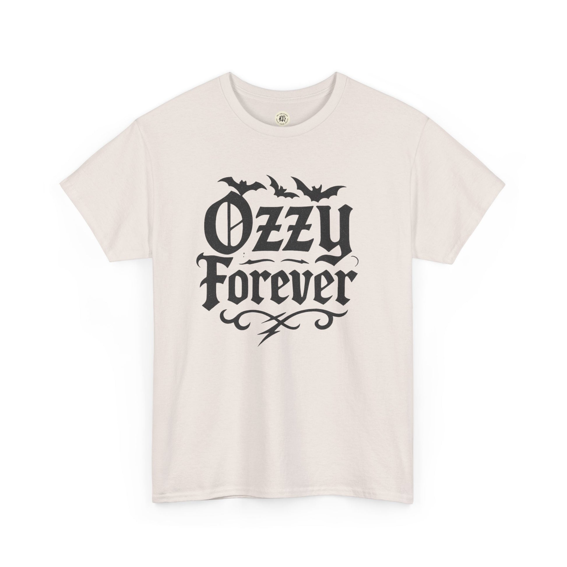 White T-shirt from Printify with black gothic text and bats featuring Ozzy Osbourne Forever shirt design