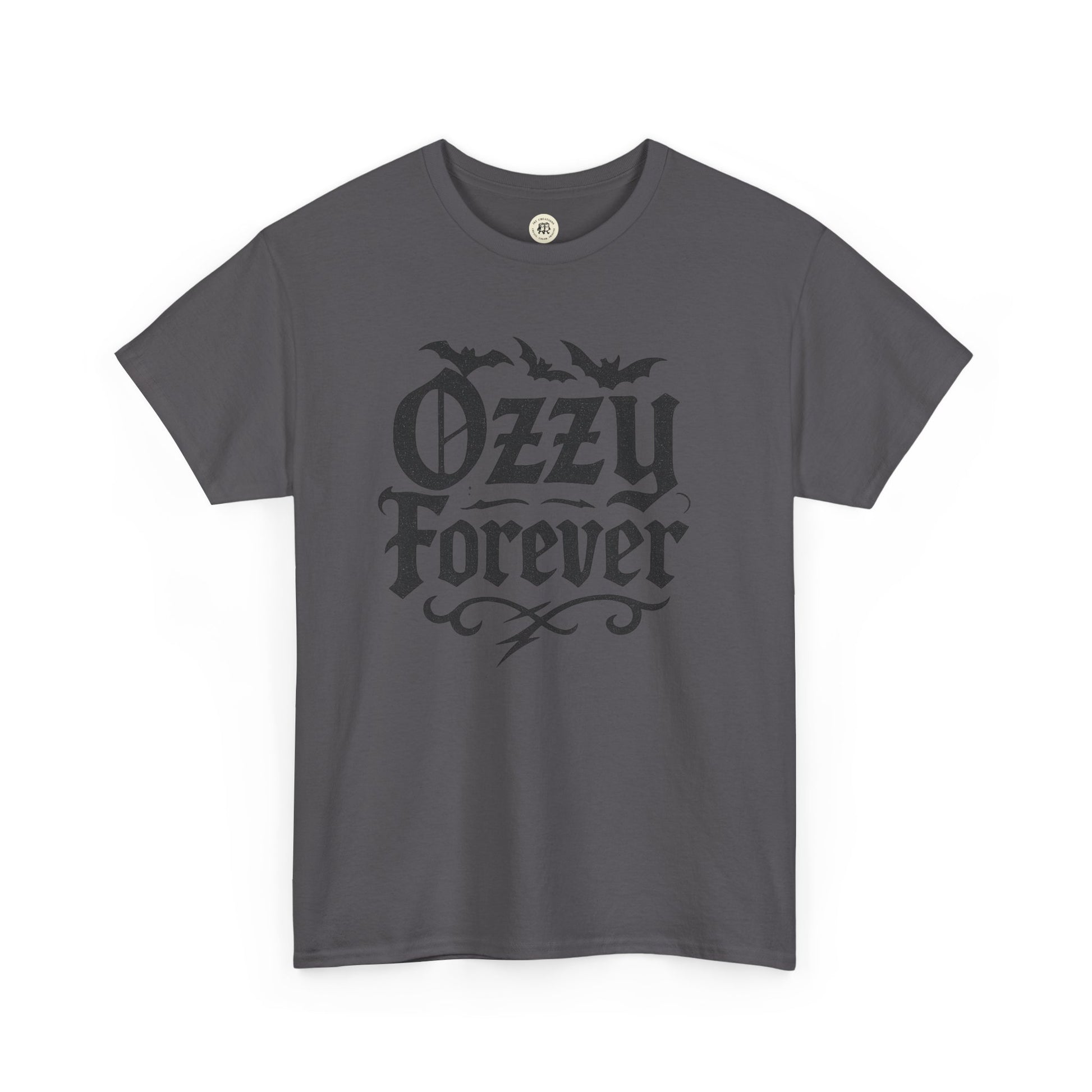 Gray printify Ozzy Osbourne Forever shirt with black gothic text and bats graphic design