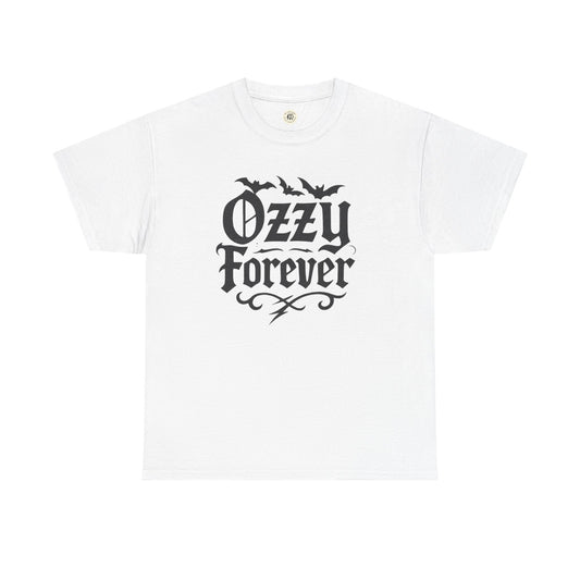 White Printify T-Shirt with black Ozzy Osbourne Forever shirt text and bat graphic