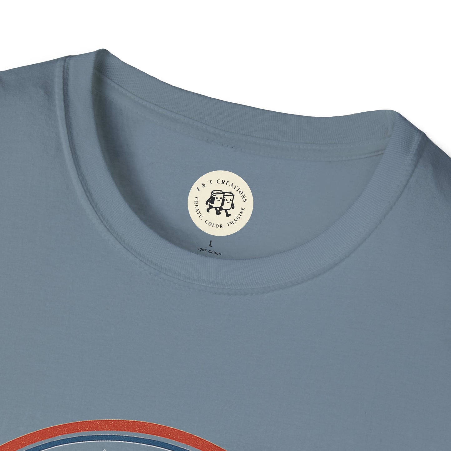 Printify vintage 1776 t-shirt close-up showing blue collar and part of patriotic design