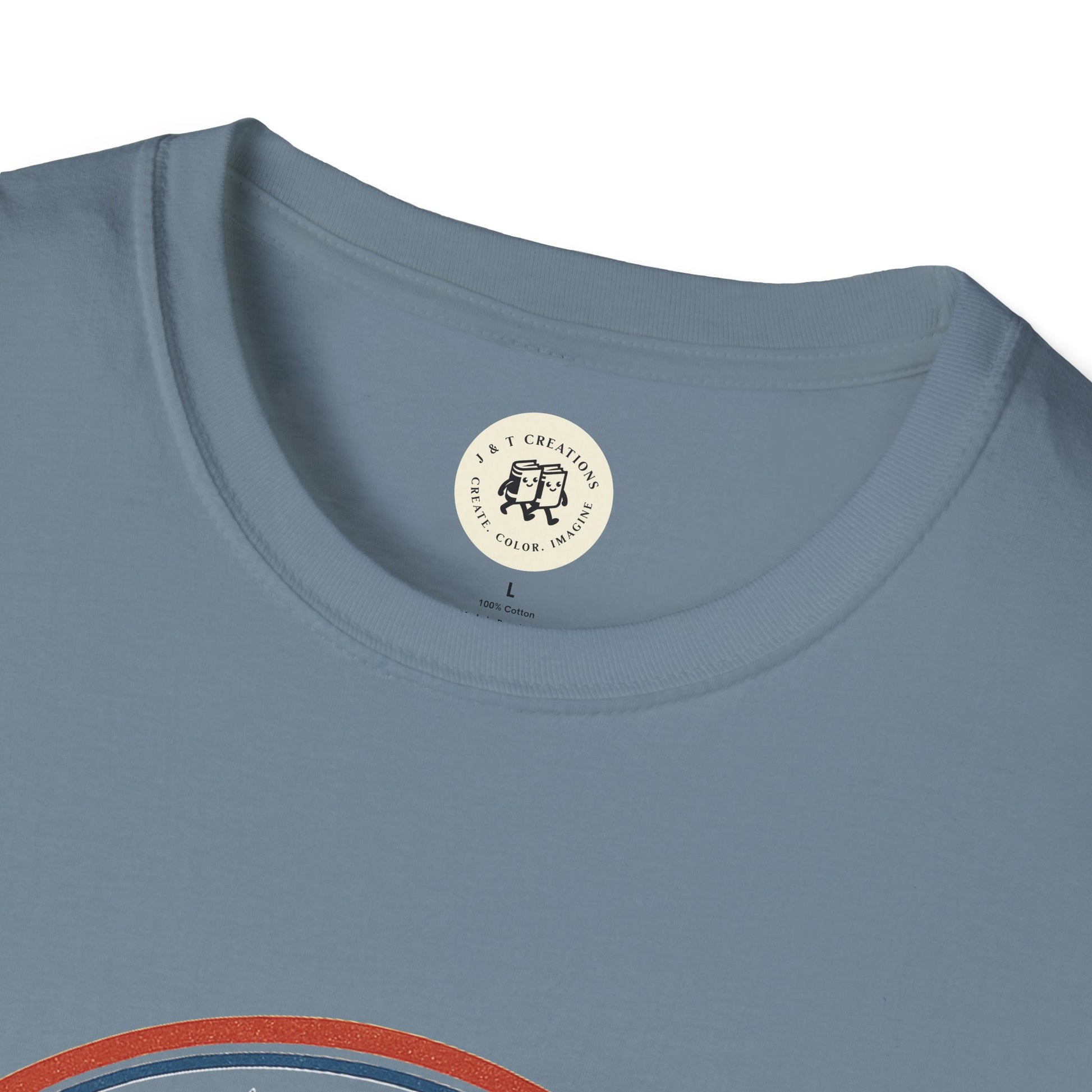 Printify vintage 1776 t-shirt close-up showing blue collar and part of patriotic design