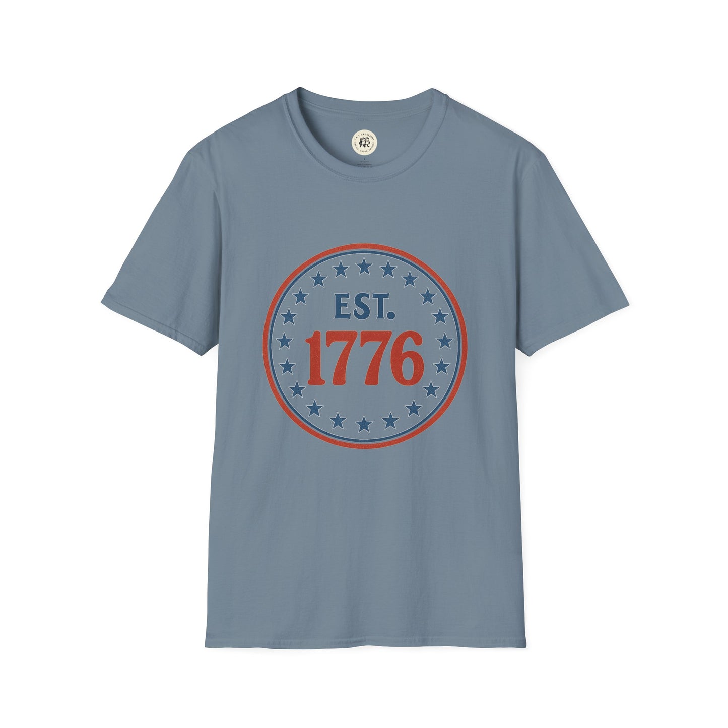 Printify vintage 1776 t-shirt in blue with red and navy stars and EST 1776 circle design
