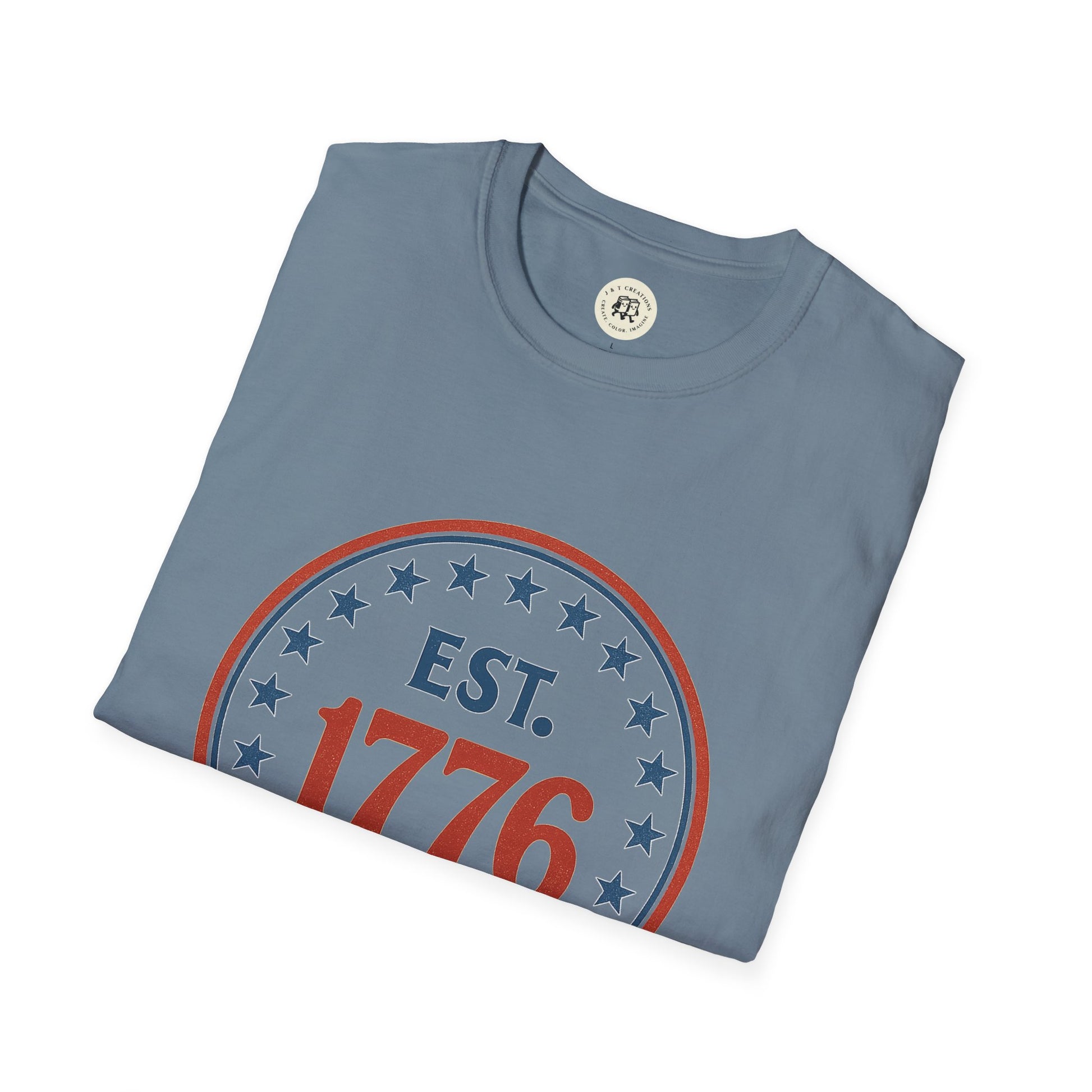 Printify vintage 1776 t-shirt in blue with red and blue patriotic design featuring stars and EST 1776 text