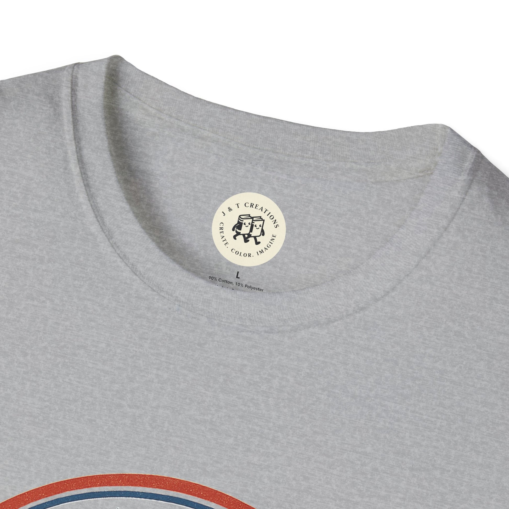 Close-up of grey cotton vintage 1776 t-shirt neckline and Printify label