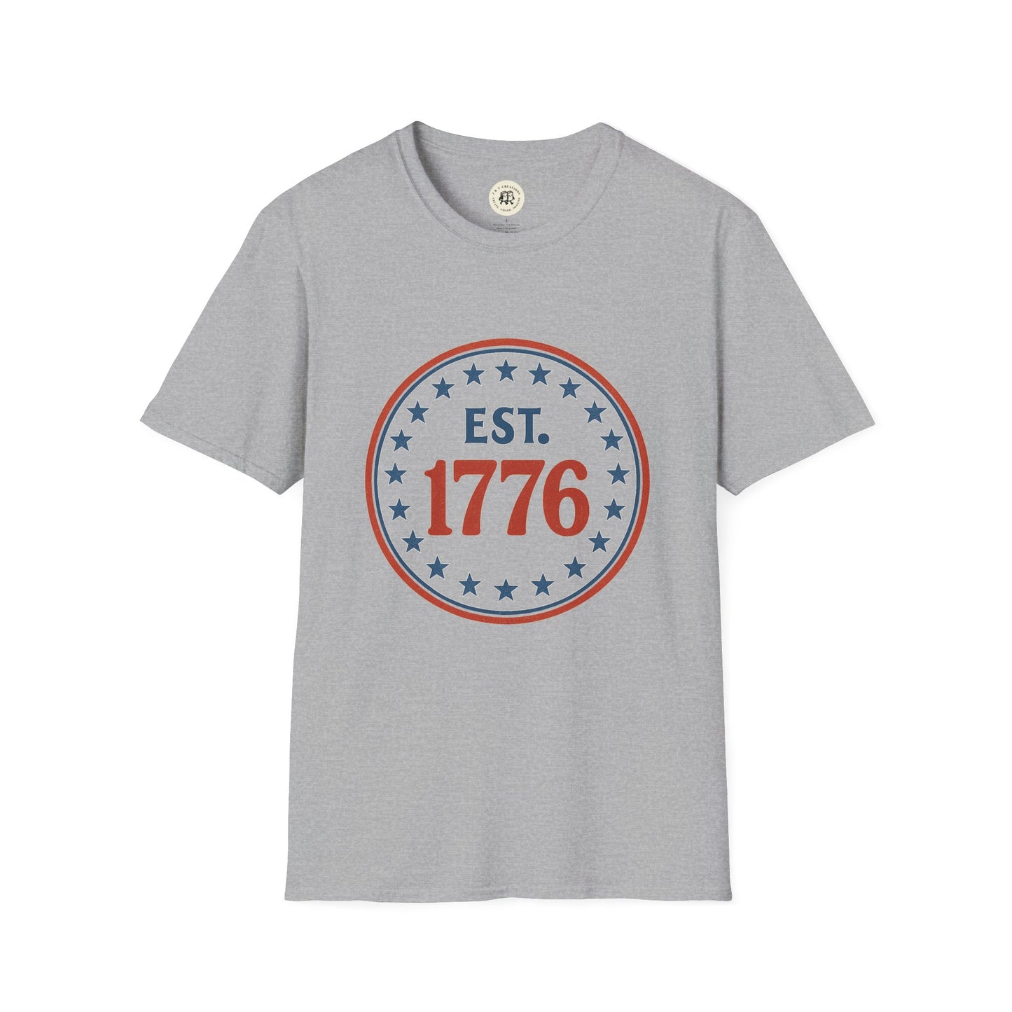 Gray vintage 1776 t-shirt by Printify with EST 1776 design and star circle on front