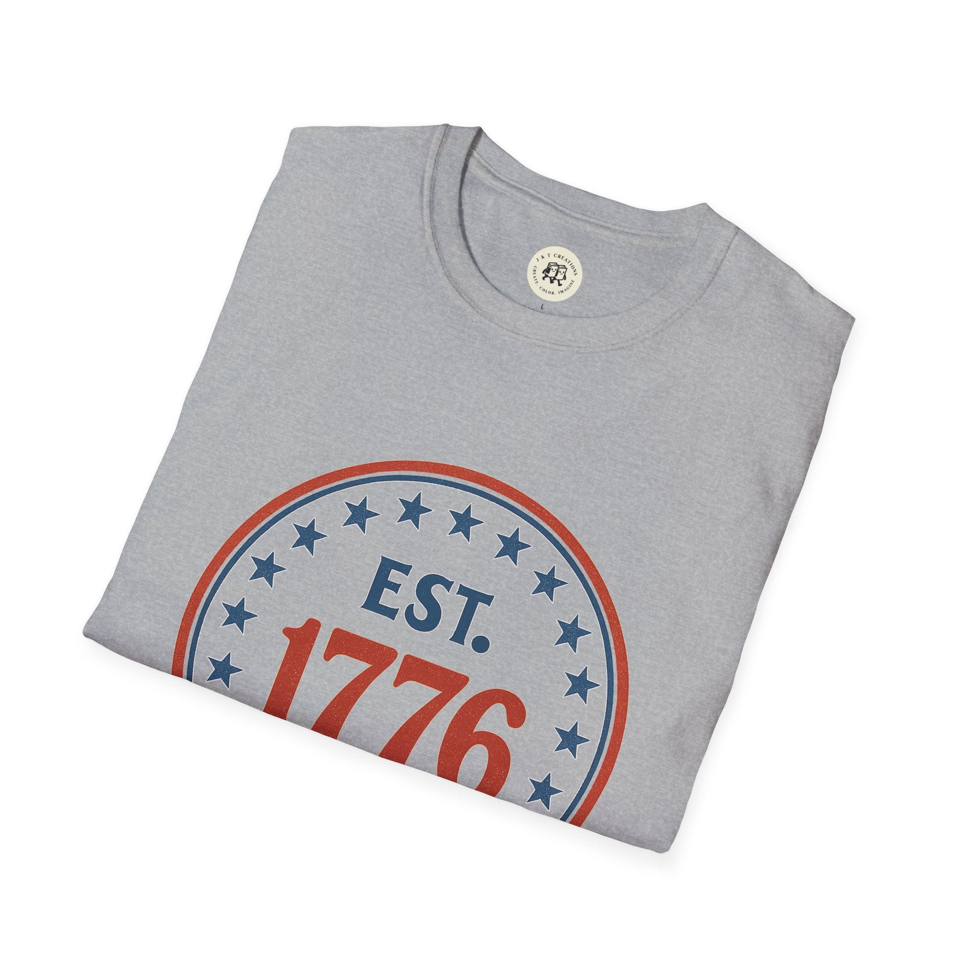 Gray Printify vintage 1776 t-shirt with circular patriotic design and stars printed on chest