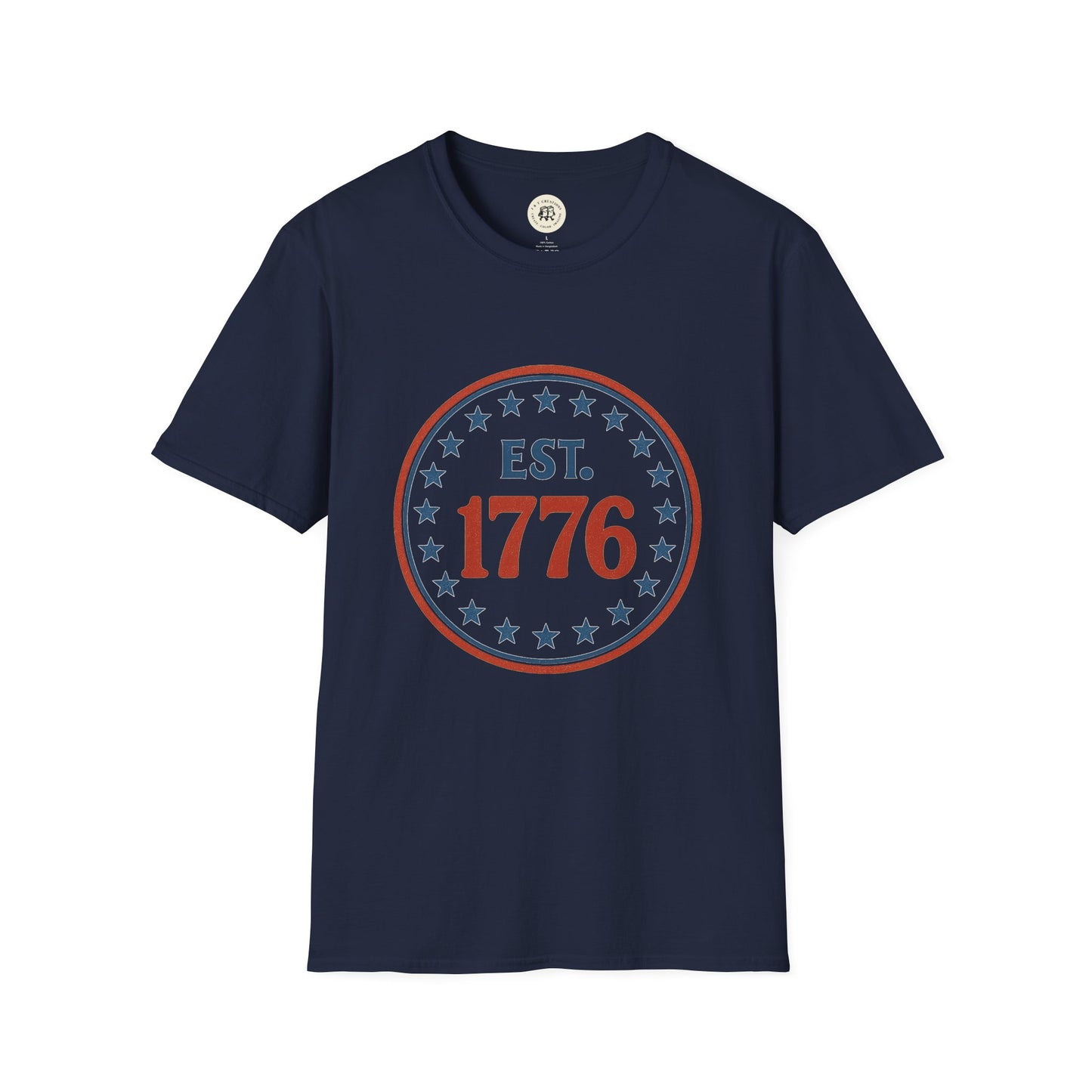 Printify vintage 1776 t-shirt in navy blue with circular stars design and EST 1776 text