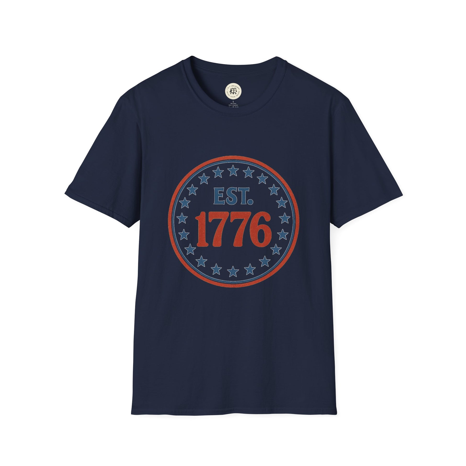 Printify vintage 1776 t-shirt in navy blue with circular stars design and EST 1776 text