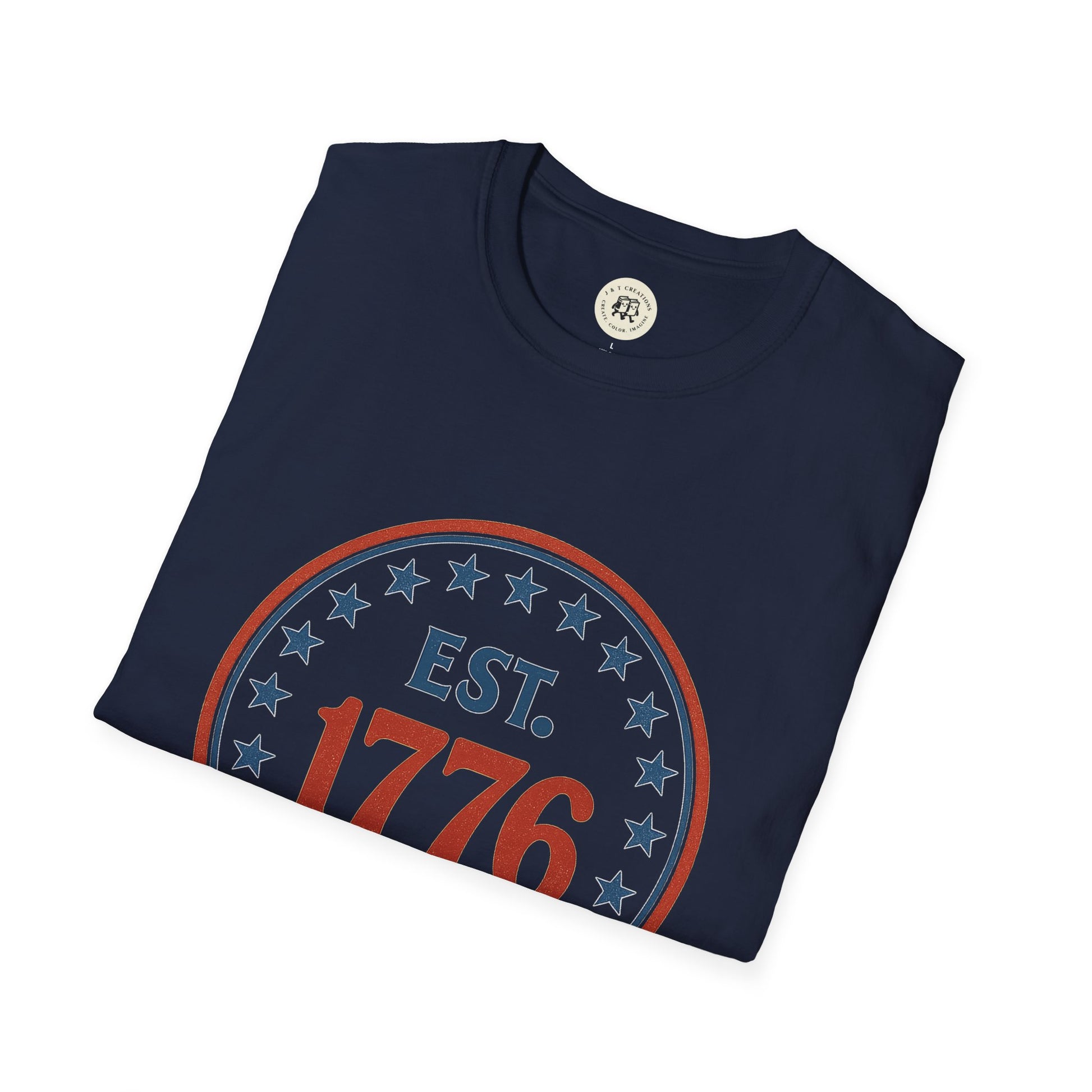Printify navy vintage 1776 t-shirt with patriotic star design and established 1776 text