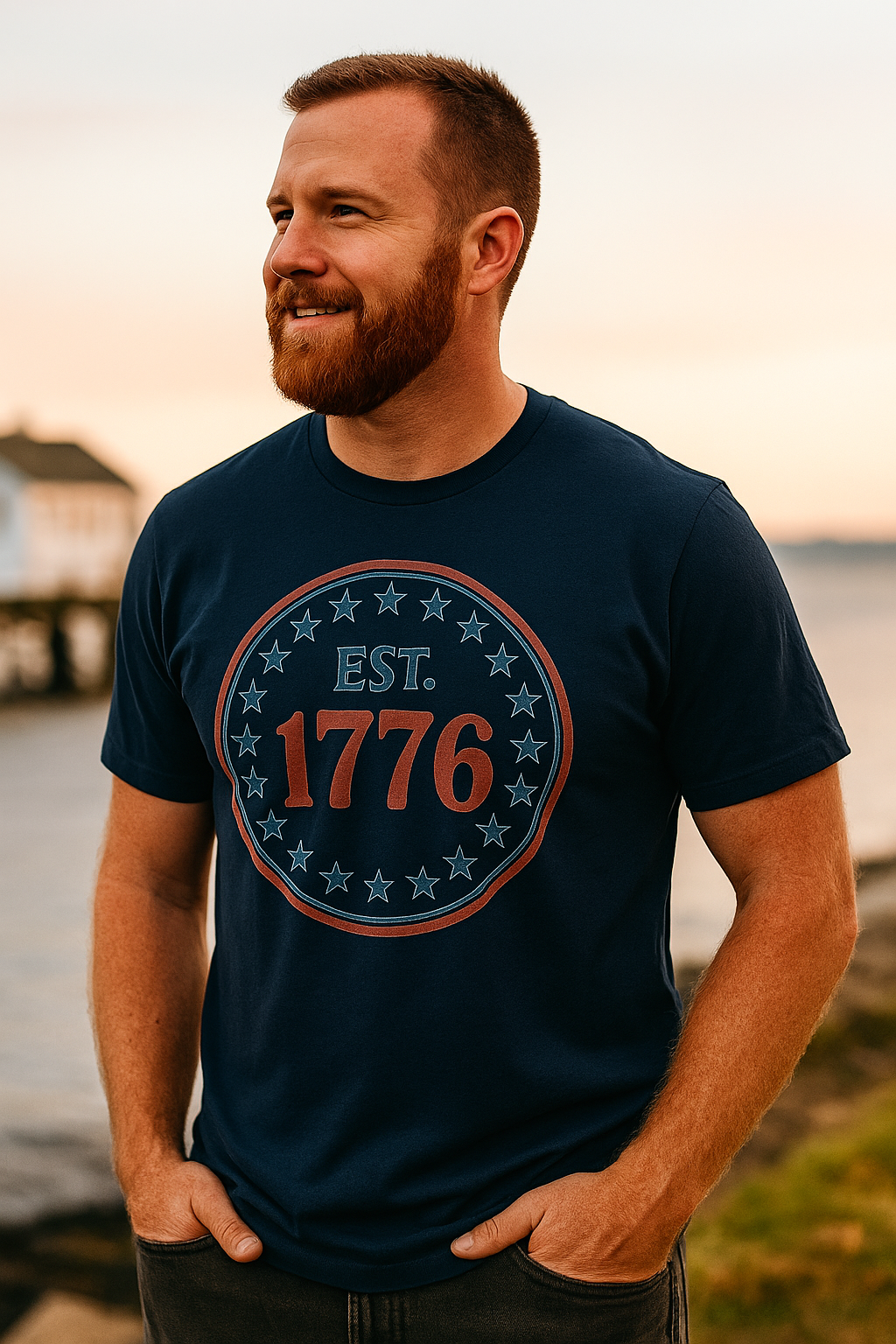 Man wearing navy blue vintage 1776 t-shirt with patriotic stars and est 1776 graphic design