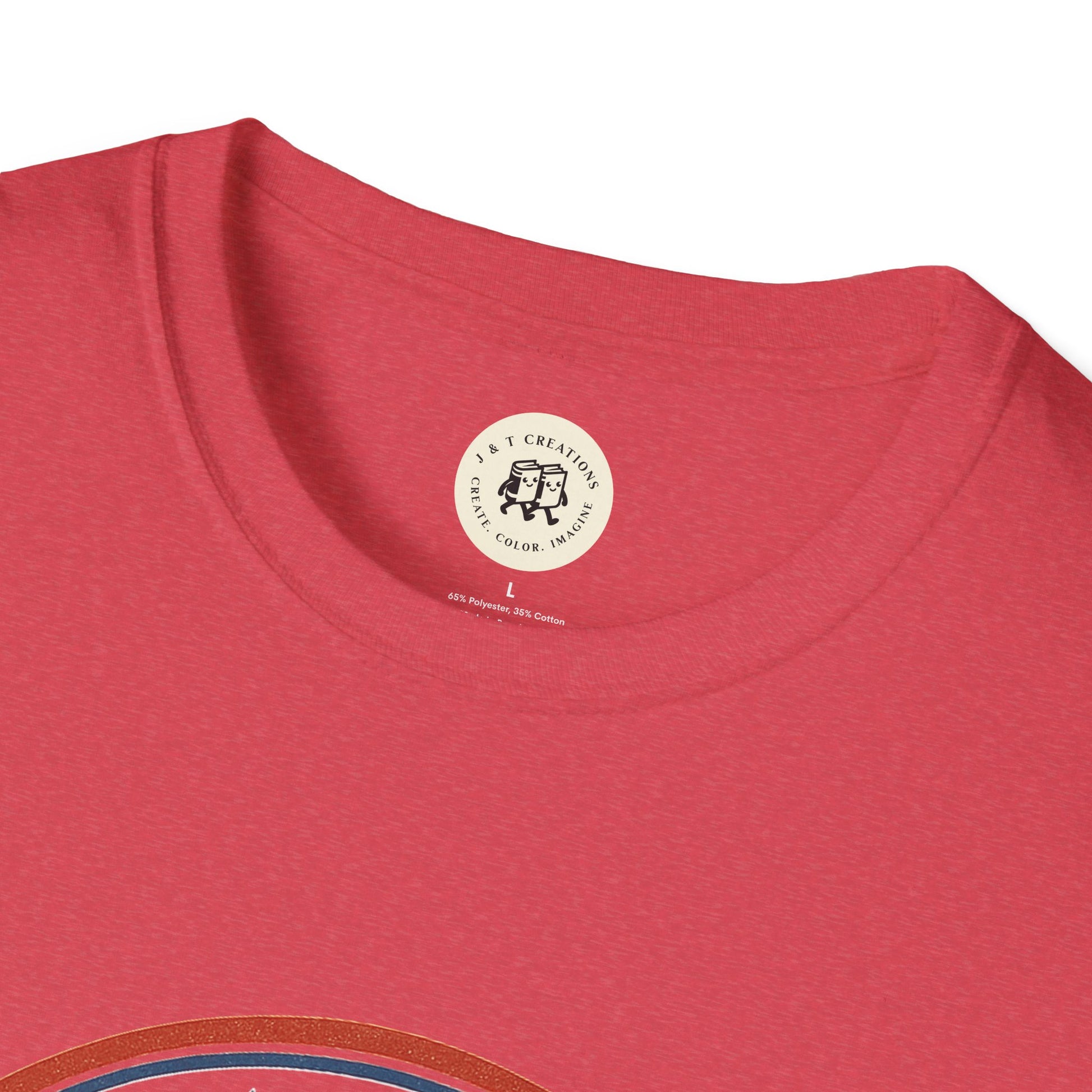 Close-up of Printify red vintage 1776 t-shirt collar and label with soft fabric texture