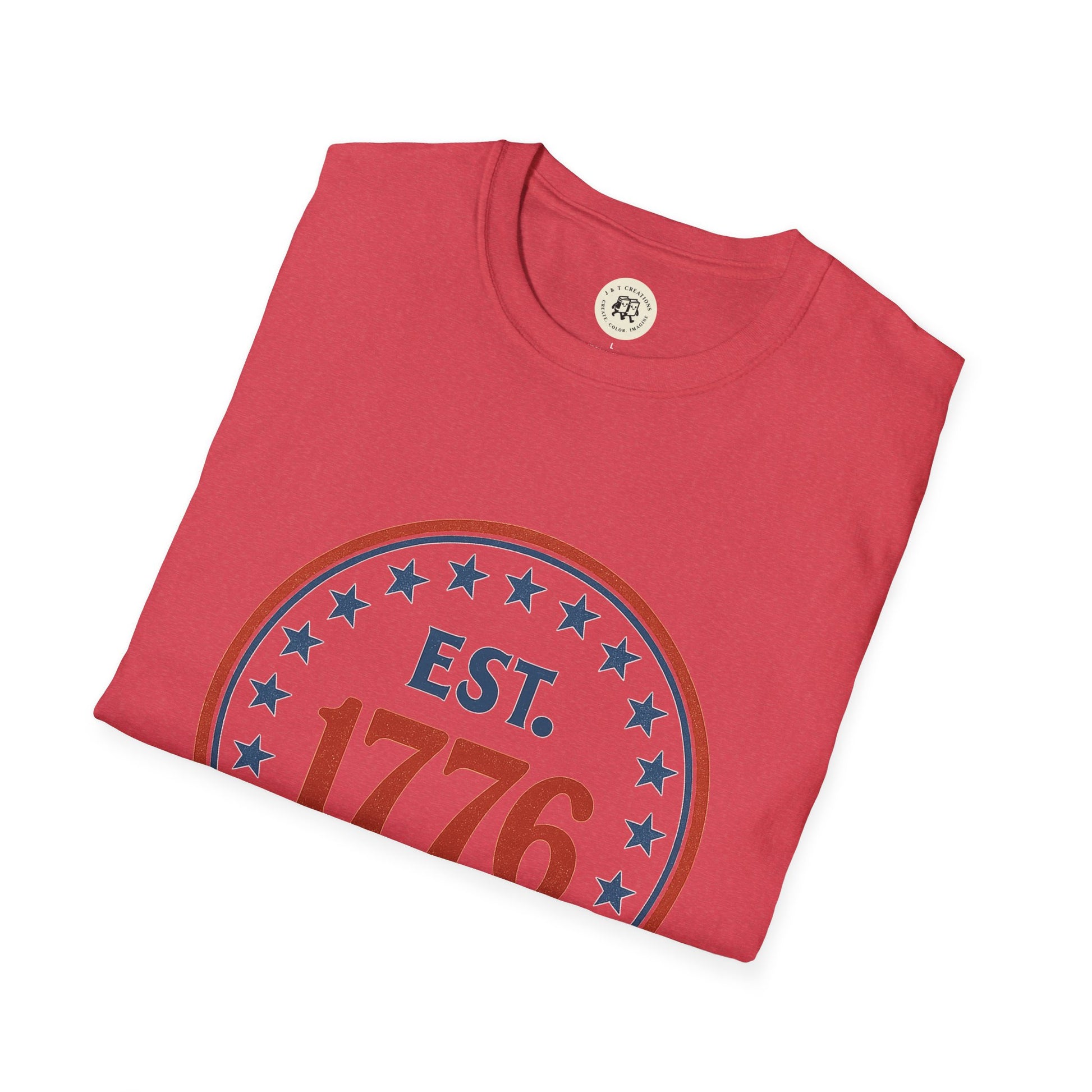 Printify vintage 1776 t-shirt in red with circular star design and established 1776 text