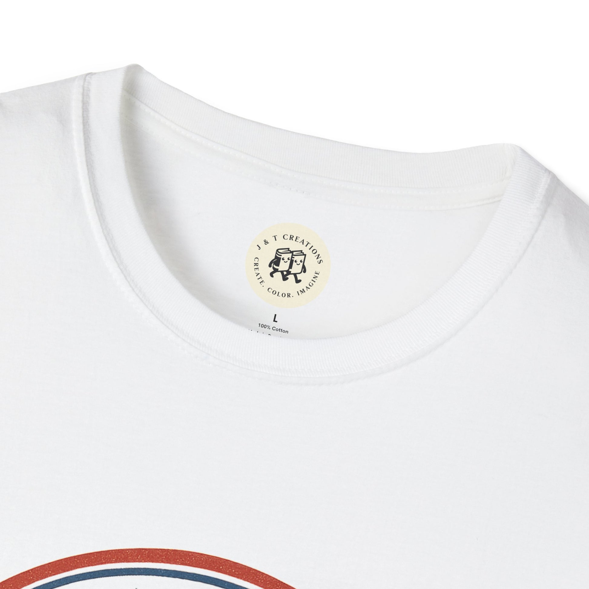 Close-up of white Printify vintage 1776 t-shirt with round neckline and soft fabric