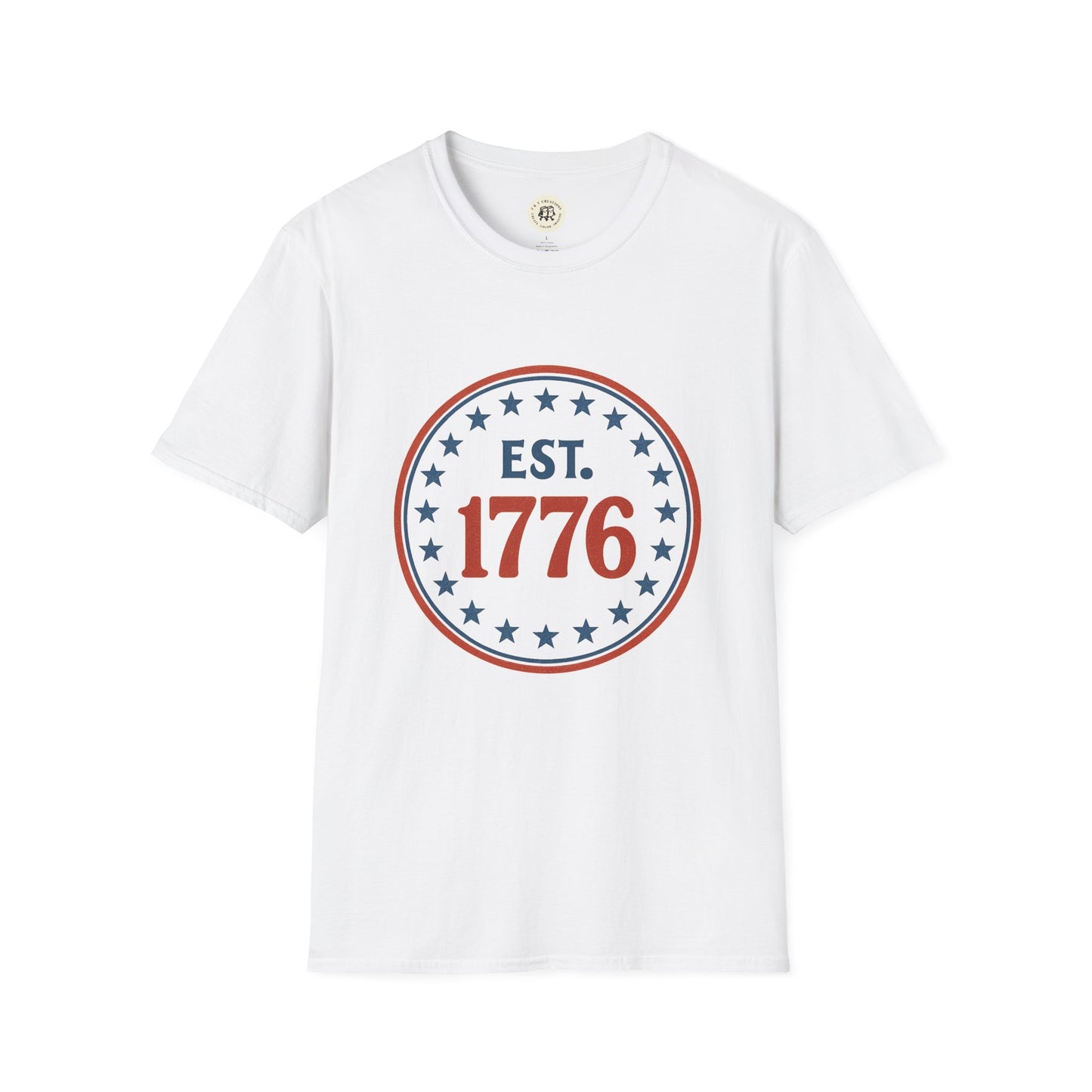 White vintage 1776 t-shirt with red and blue stars circle design by Printify
