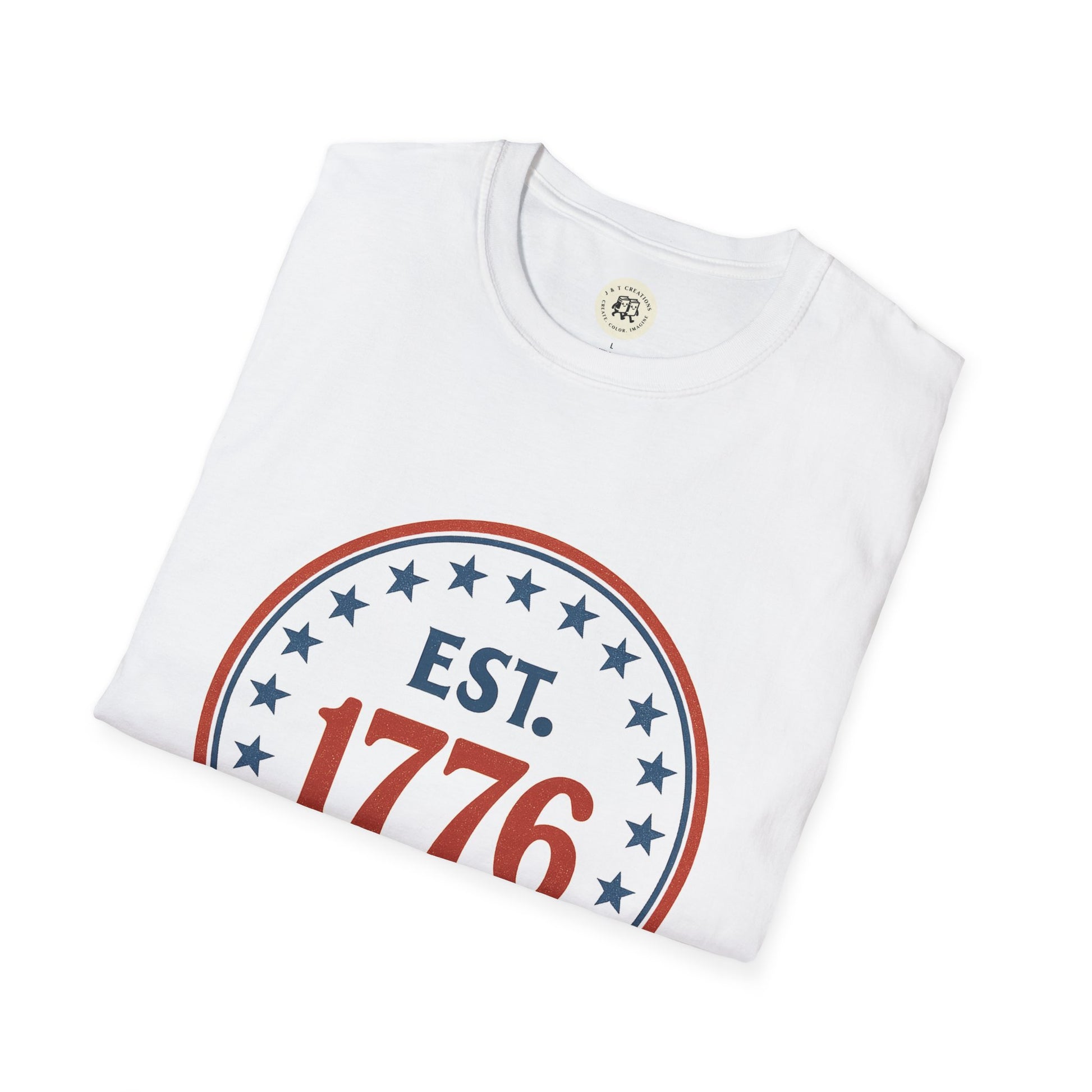 White vintage 1776 t-shirt from Printify featuring a patriotic red and blue star design